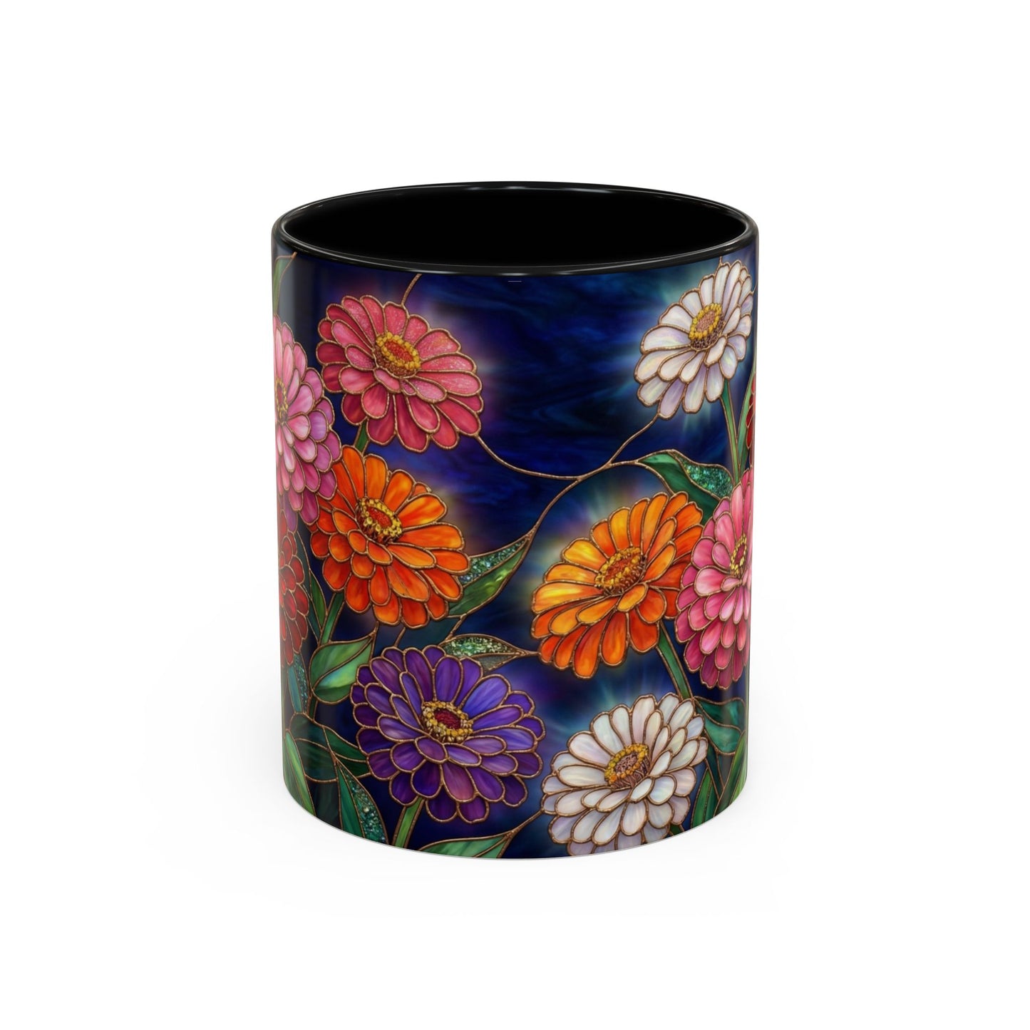 Zinnias Floral Accent Coffee Mug — Stained Glass Design 11/15oz - 14591