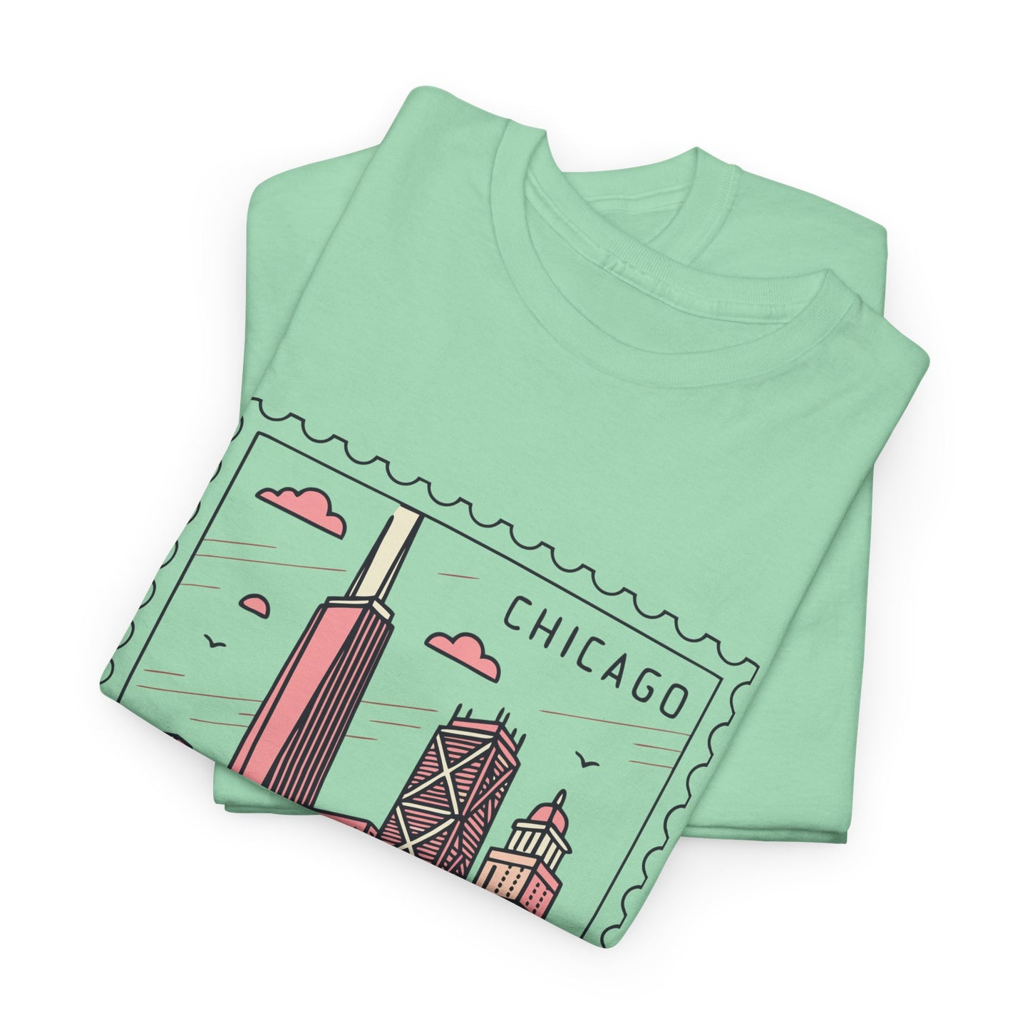 Chicago Skyline Postage Stamp Unisex Heavy Cotton Tee - 12130