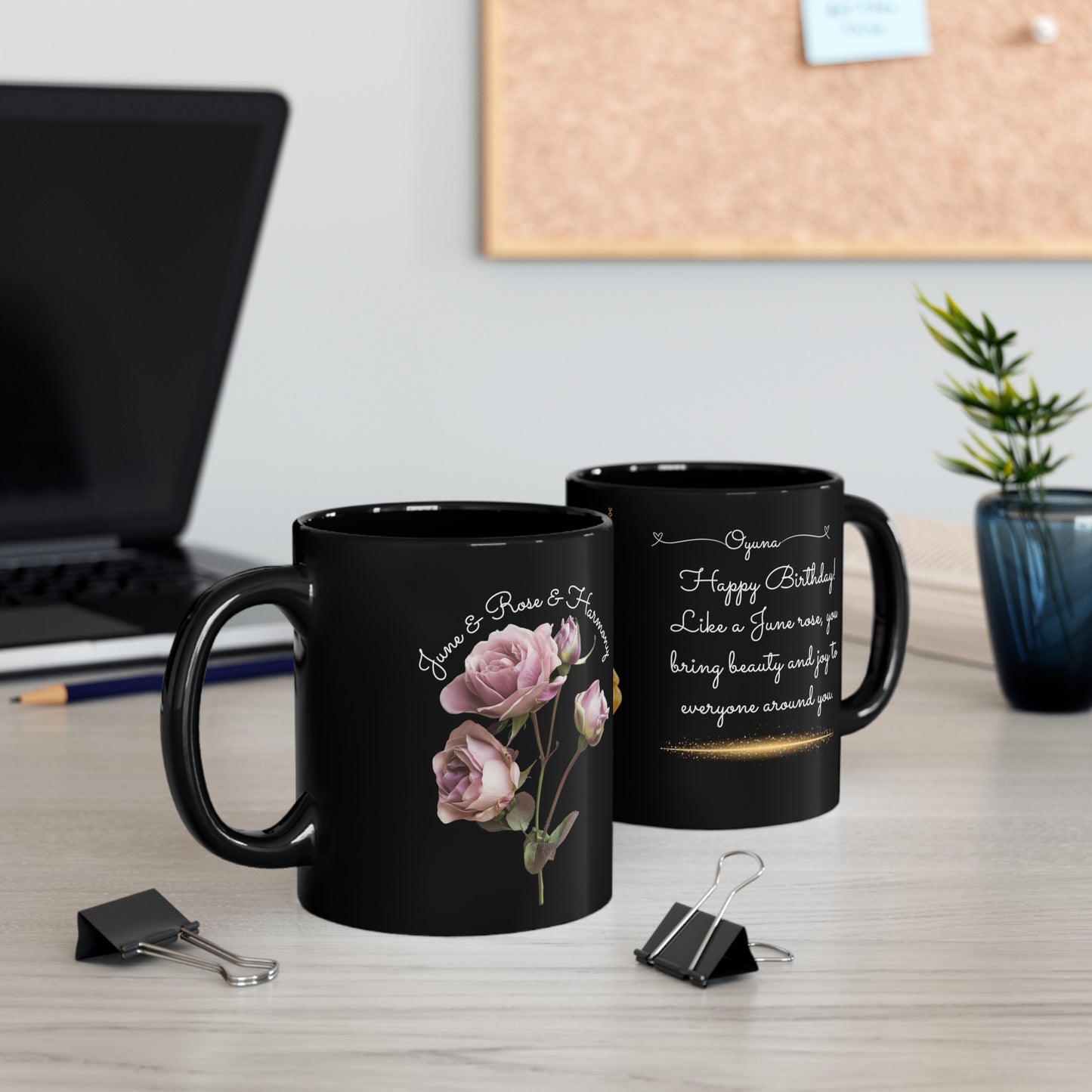 Happy Birthday, June, Rose, Customized Ceramic Black Mug (11oz, 15oz)