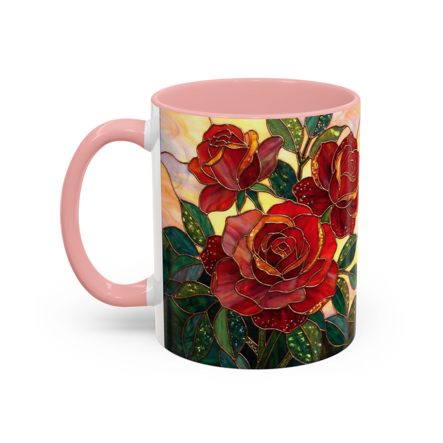Rose Stained Glass Accent Coffee Mug – Red Roses Floral 11/15oz - 14539
