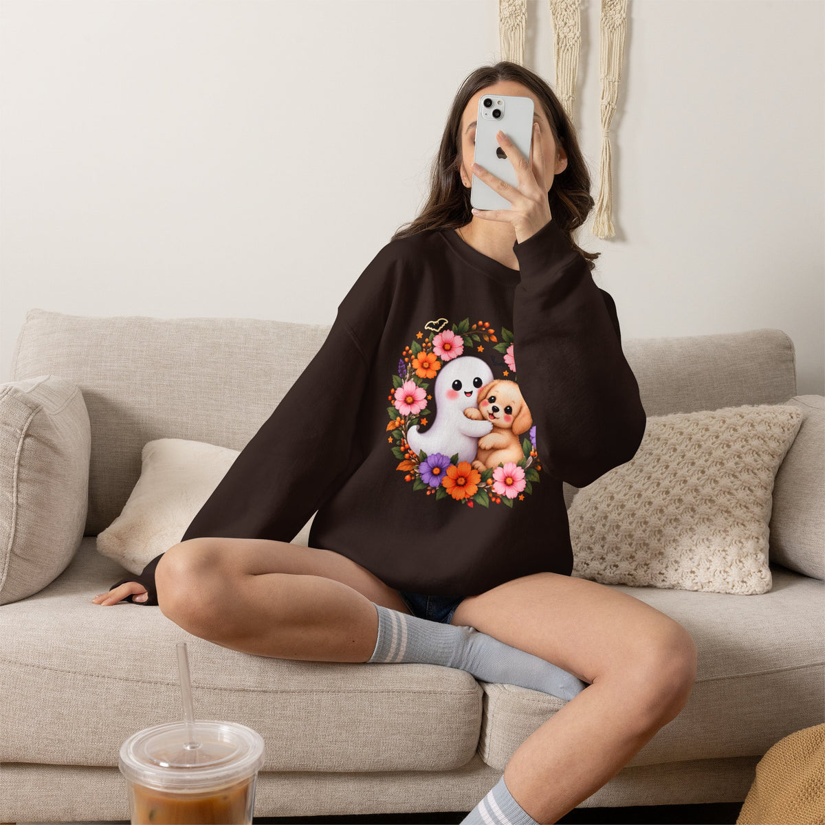 Cute Ghost & Puppy Halloween Sweatshirt,  Floral Crewneck - 14515