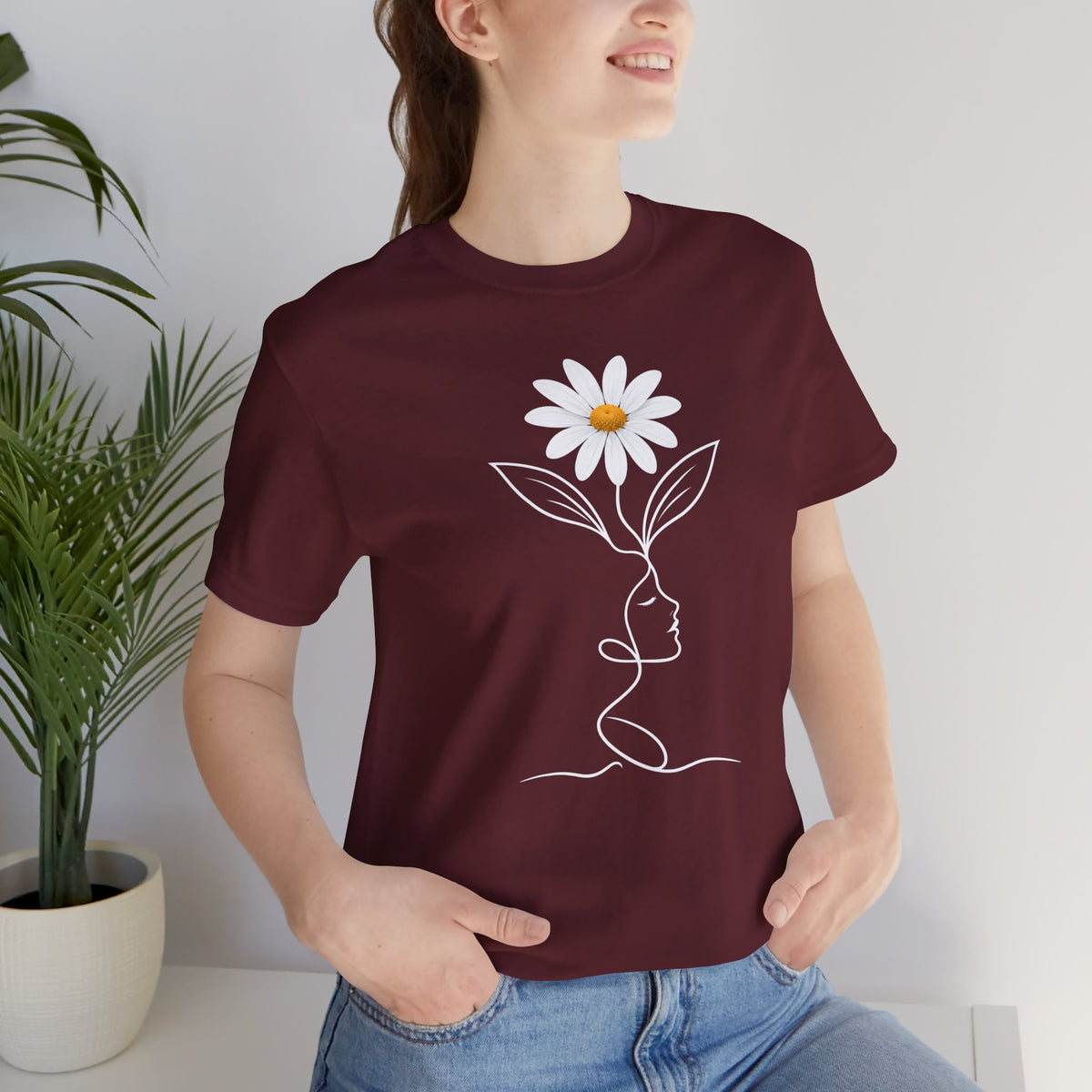 Daisy Woman Face T-Shirt, Minimalist Floral Line Art Tee - 14522