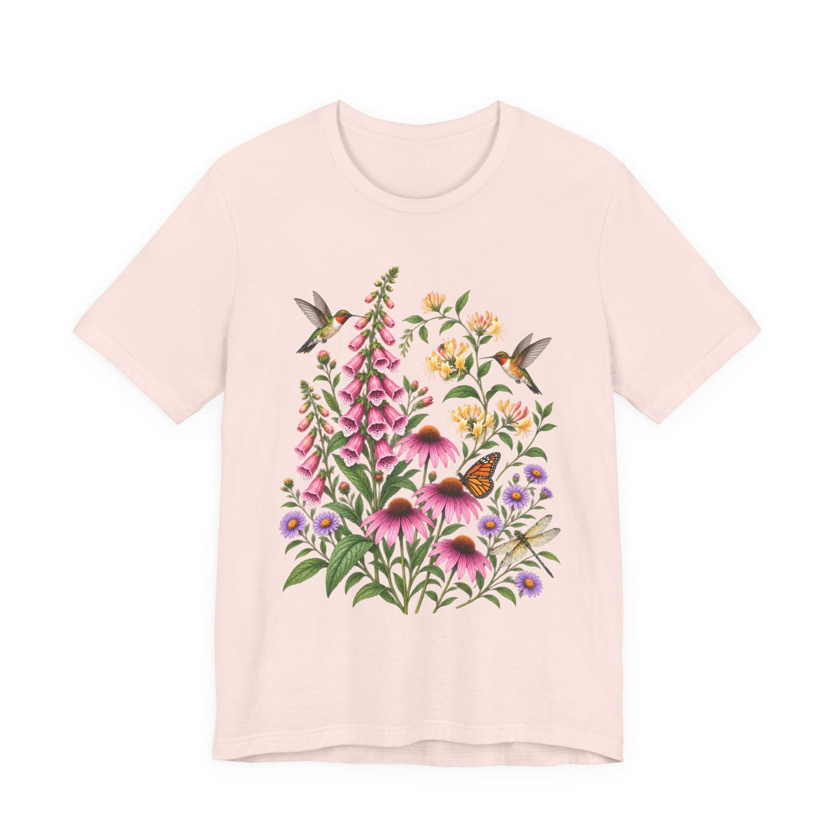 Floral Hummingbird Garden T-Shirt, Wildflower & Butterfly Botanical Tee - 14547