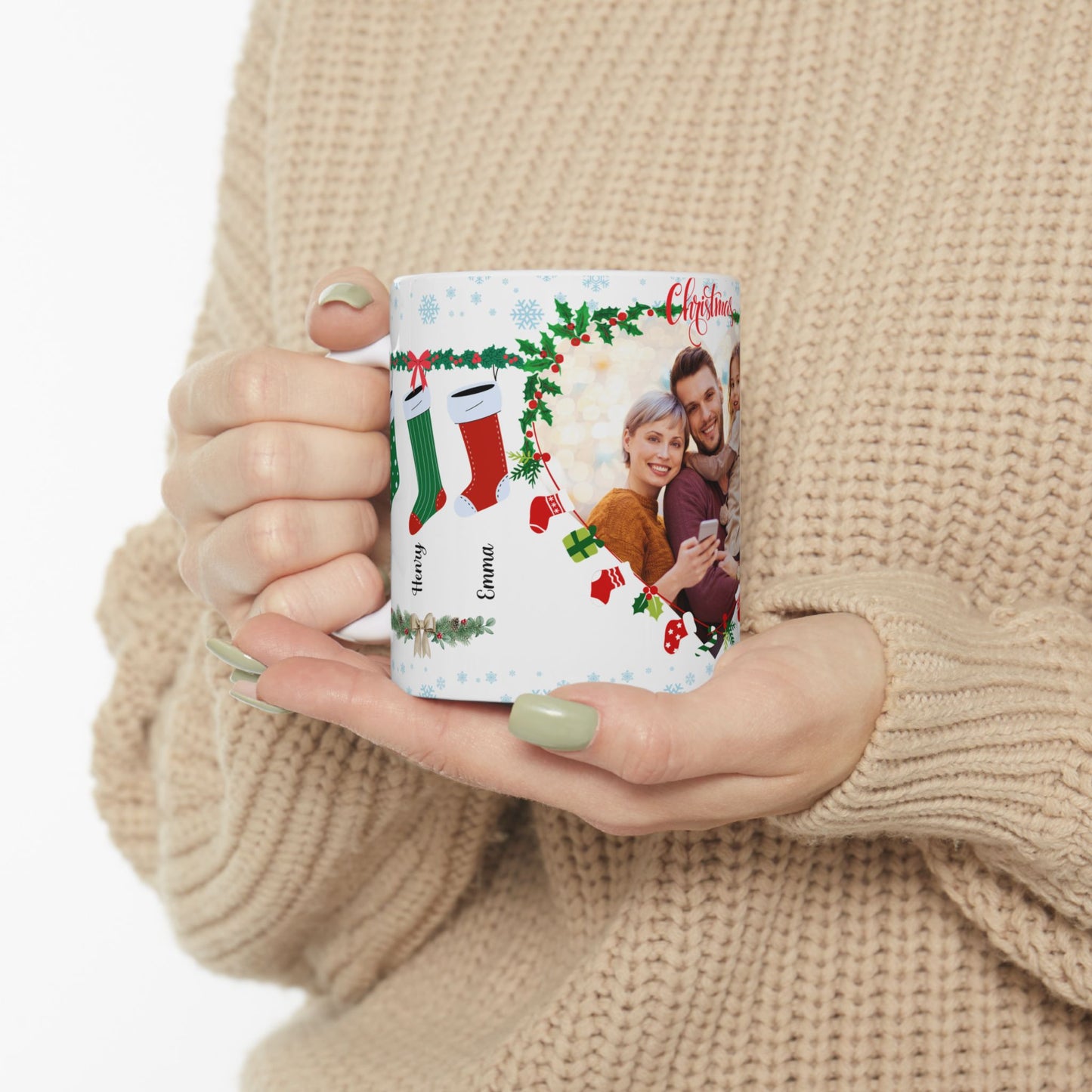 Christmas, Family Photo, Customizable - Ceramic Mug, (11oz, 15oz)