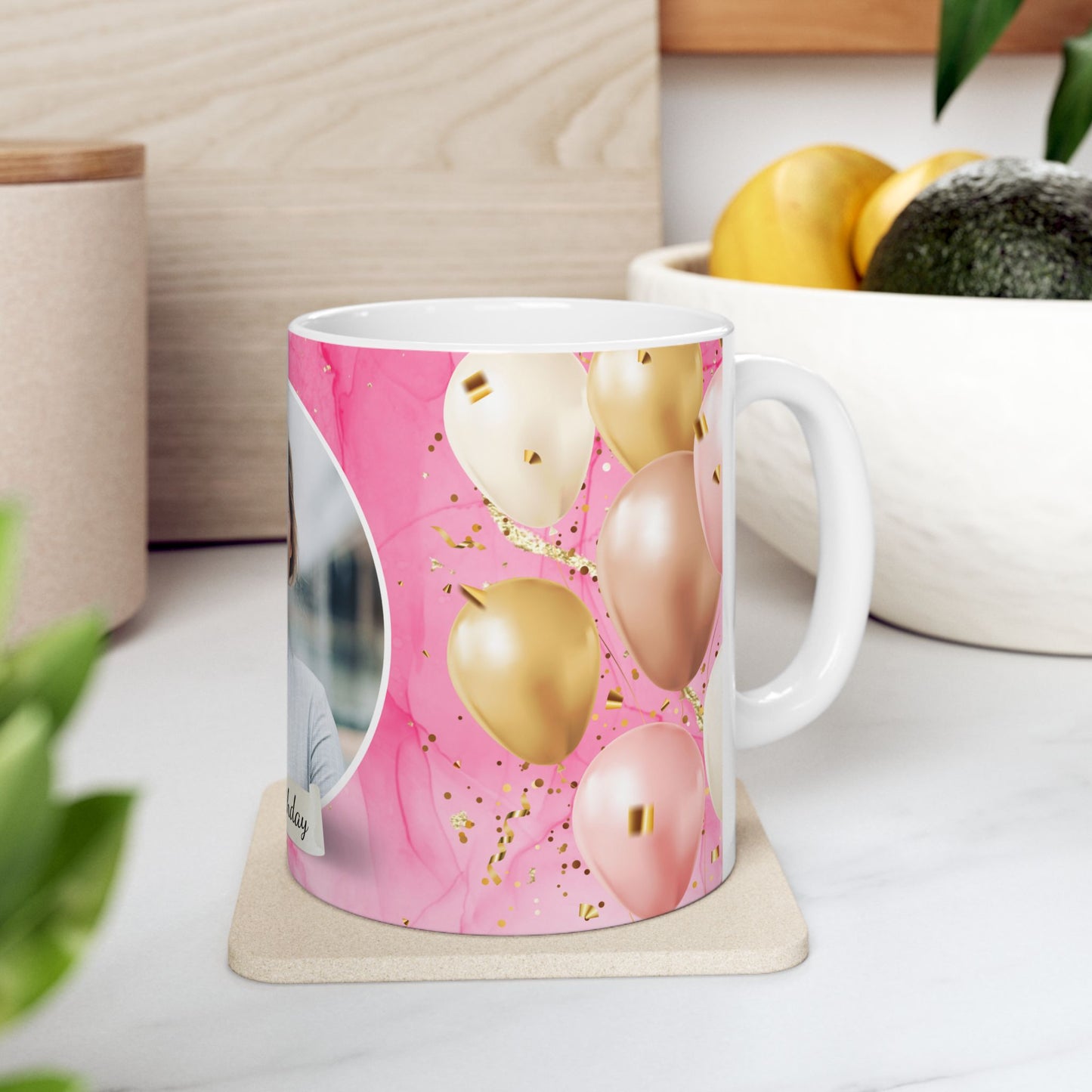Happy Birthday Ceramic Mug, Personalized Gift, Celebration Drinkware, Pink Balloon Coffee Cup, Custom Photo Mug - 13992