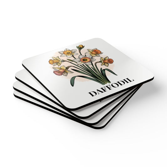 March Birth Flower Daffodil Coaster Set – Personalized Name Cork Gift for March Birthday - 14815