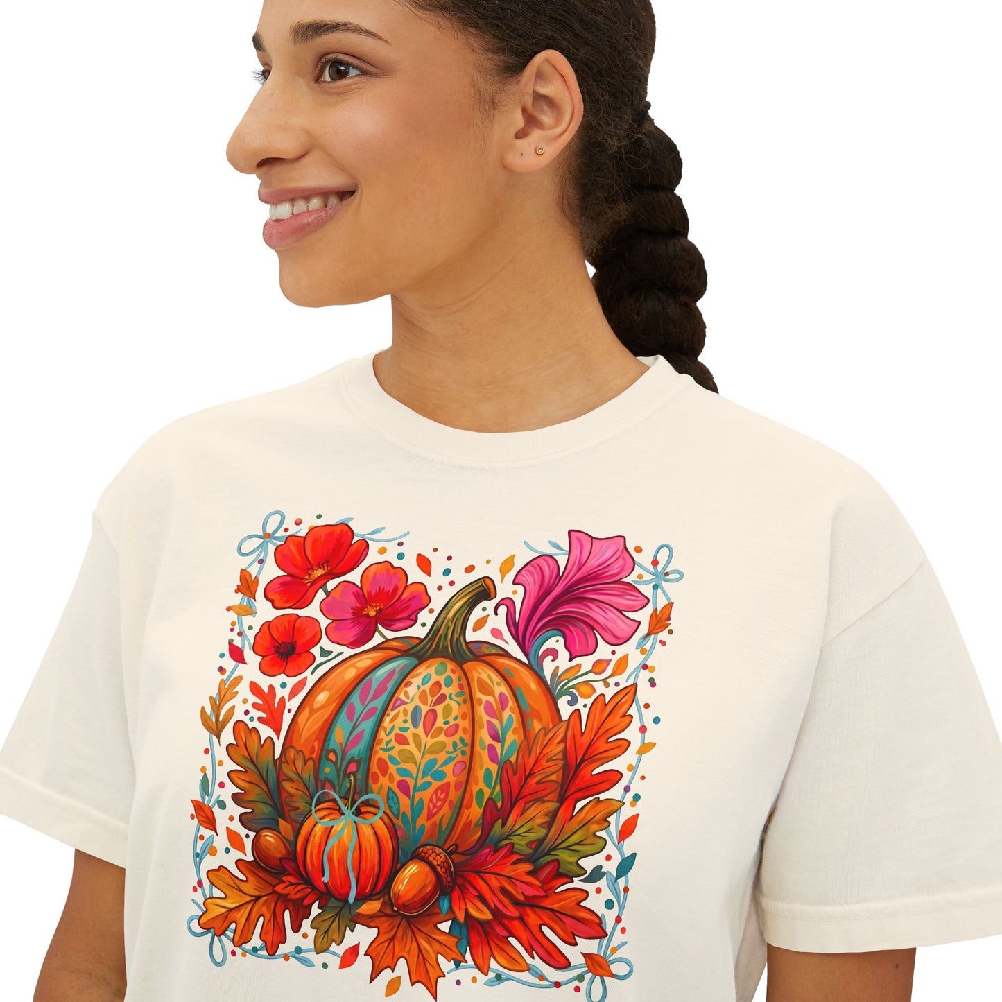 Autumn Pumpkin Floral Boxy T-Shirt,  Women’s Fall Harvest Graphic Tee - 14929