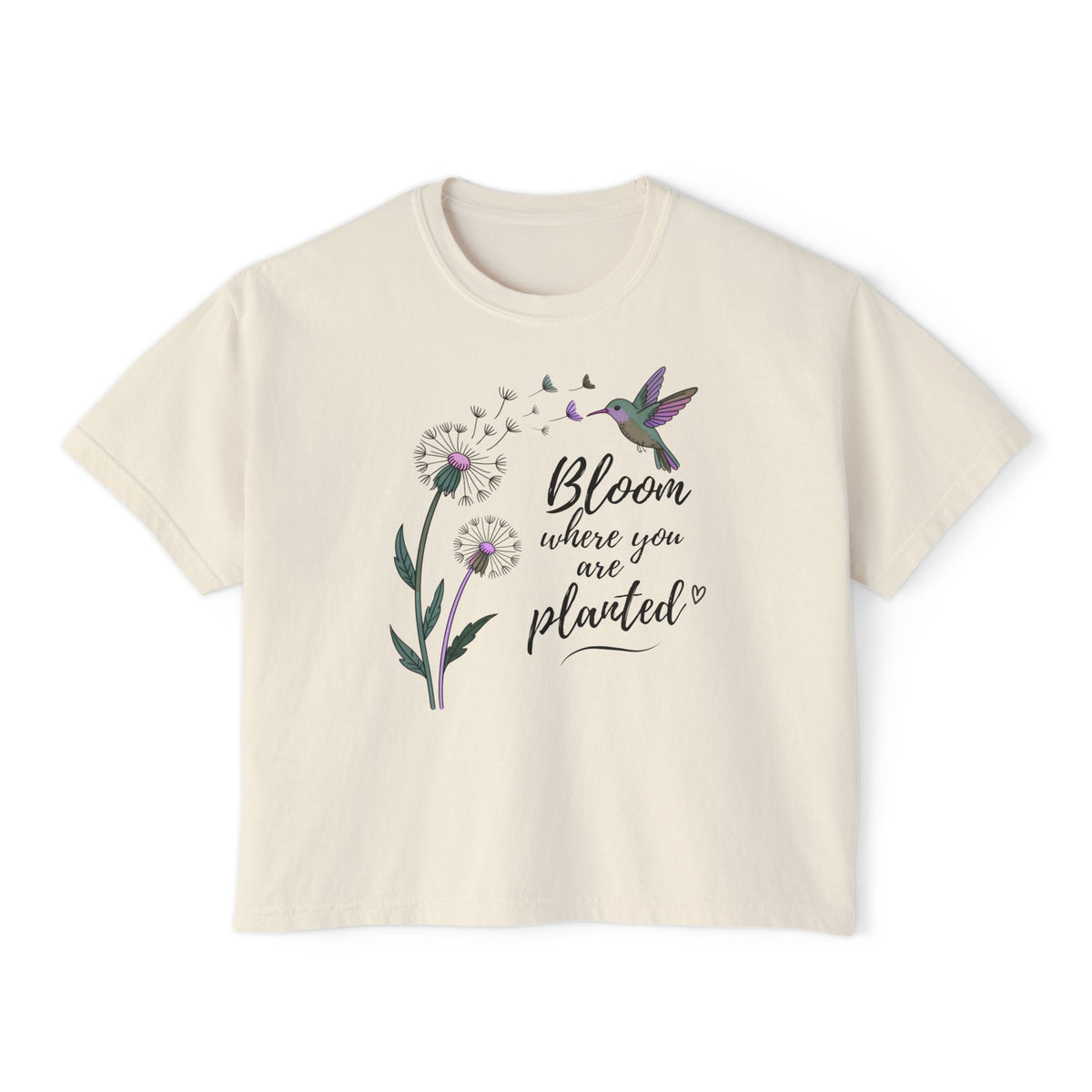Bloom Where You’re Planted Boxy Tee, Women’s Hummingbird Floral Inspirational T-Shirt - 14926