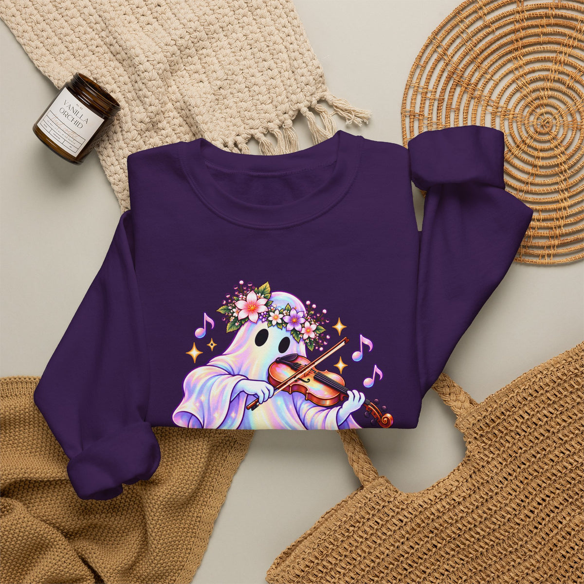 Ghost Violin Sweatshirt — Cute Floral Music Lover Crewneck - 14527