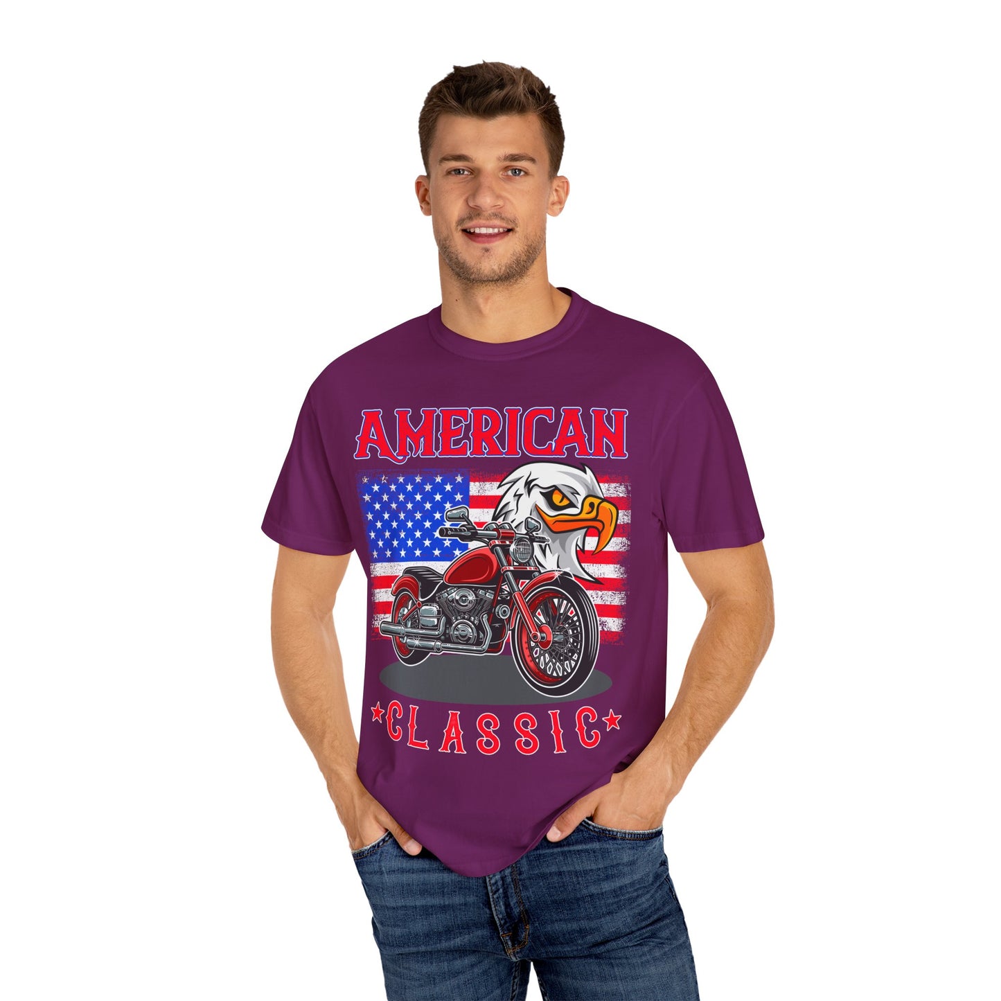 American Classic Tee, Unisex Garment-Dyed T-shirt, Biker Gift, Patriotic Apparel, Rider and Eagle Fashion, Vintage Style - 13658