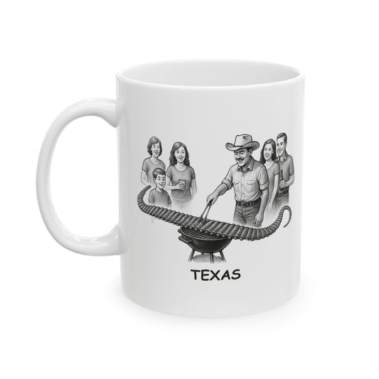 "In Texas, we don’t just ‘grill’—we make a day of it with family, friends, and the longest line of ribs you’ve ever seen." Ceramic Mug - 12752