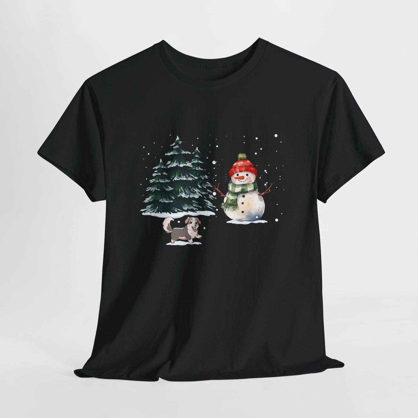 Winter Trees, Snowman & Puppy - Unisex Heavy Cotton Tee - 10278