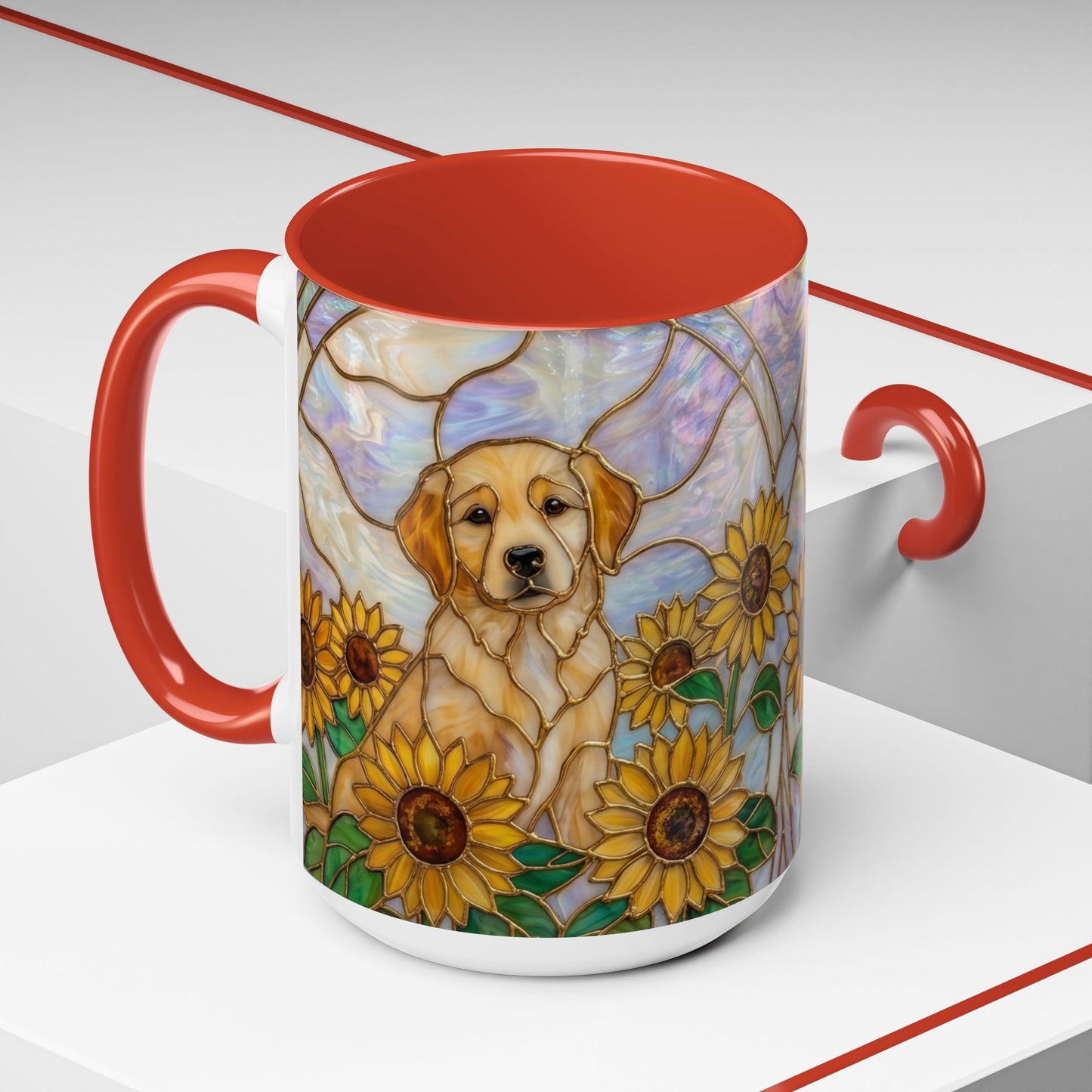 Sunflower Golden Retriever P uppiesAccent Coffee Mug –  Stained Glass Design (11/15 oz) - 14527