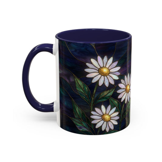 Daisy Stained Glass Accent Coffee Mug — White Daisies on Midnight (11/15oz) - 14535