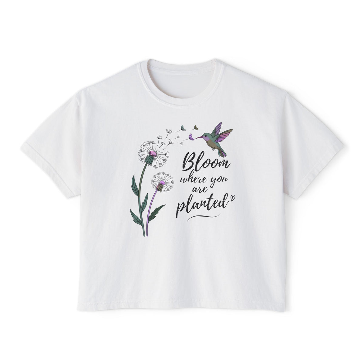 Bloom Where You’re Planted Boxy Tee, Women’s Hummingbird Floral Inspirational T-Shirt - 14926