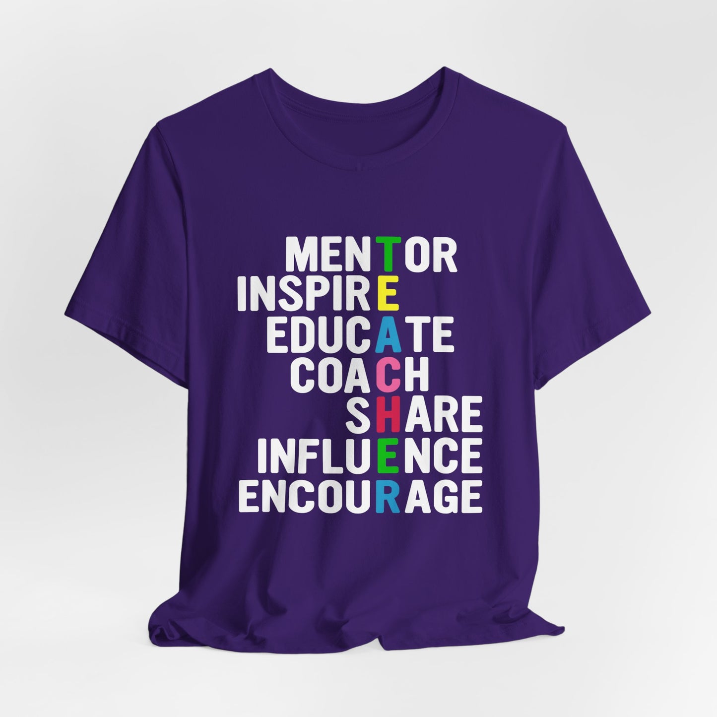 Teacher: Mentor Inspire, Educate, Coach, Share, Influence, Encourage - Unisex Jersey Short Sleeve Tee