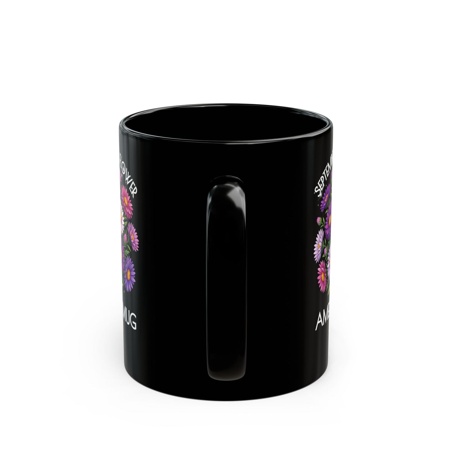Personalized September Birth Flower Mug — Custom Name Aster Black Coffee Cup (11oz/15oz) - 14918