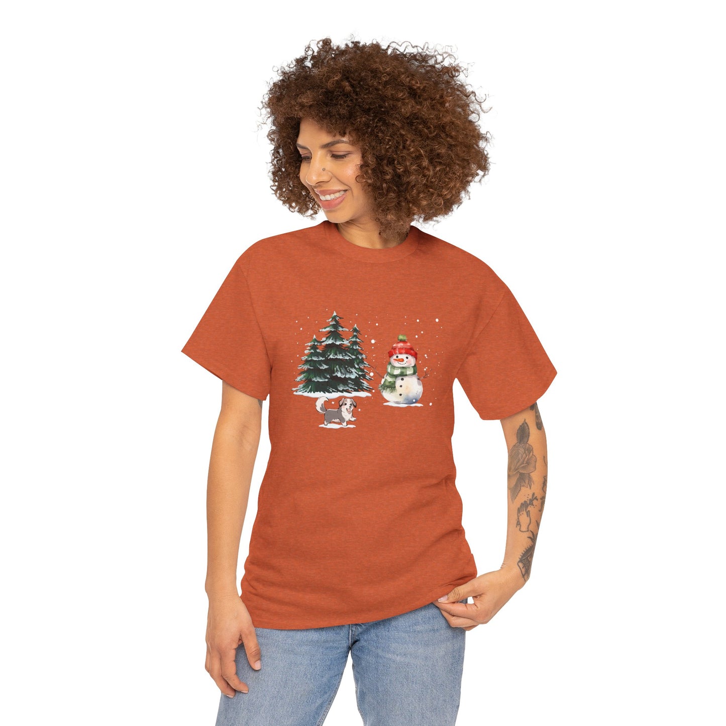 Winter Trees, Snowman & Puppy - Unisex Heavy Cotton Tee - 10278