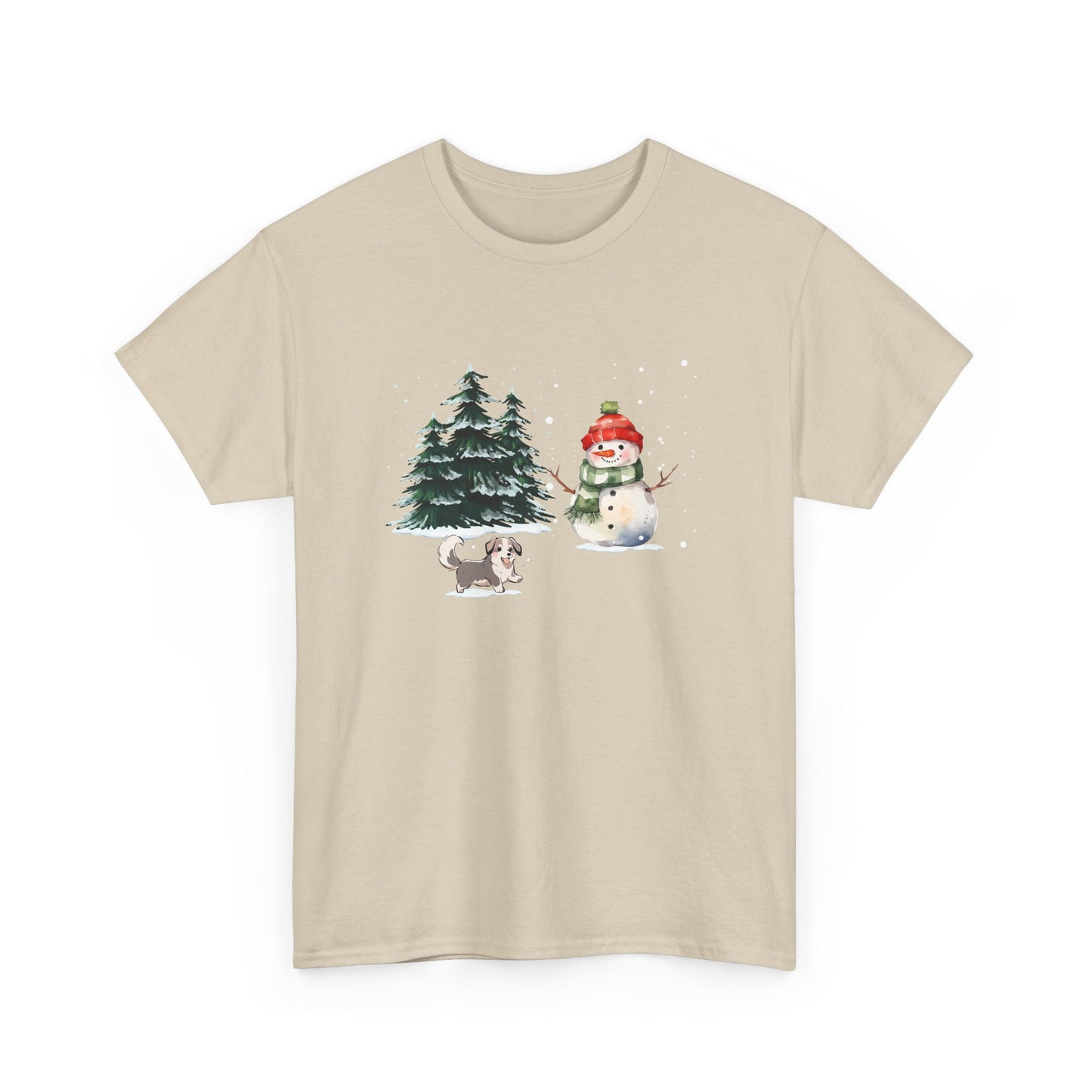 Winter Trees, Snowman & Puppy - Unisex Heavy Cotton Tee - 10278