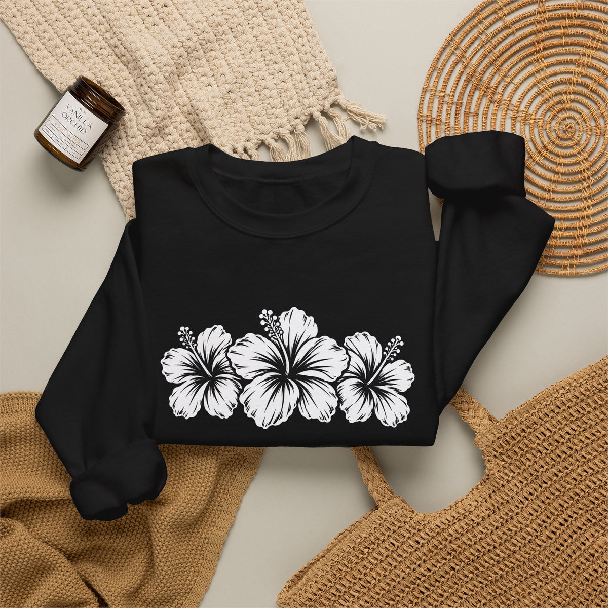 Hibiscus Floral Crewneck Sweatshirt,  Tropical Flower Graphic - 14996