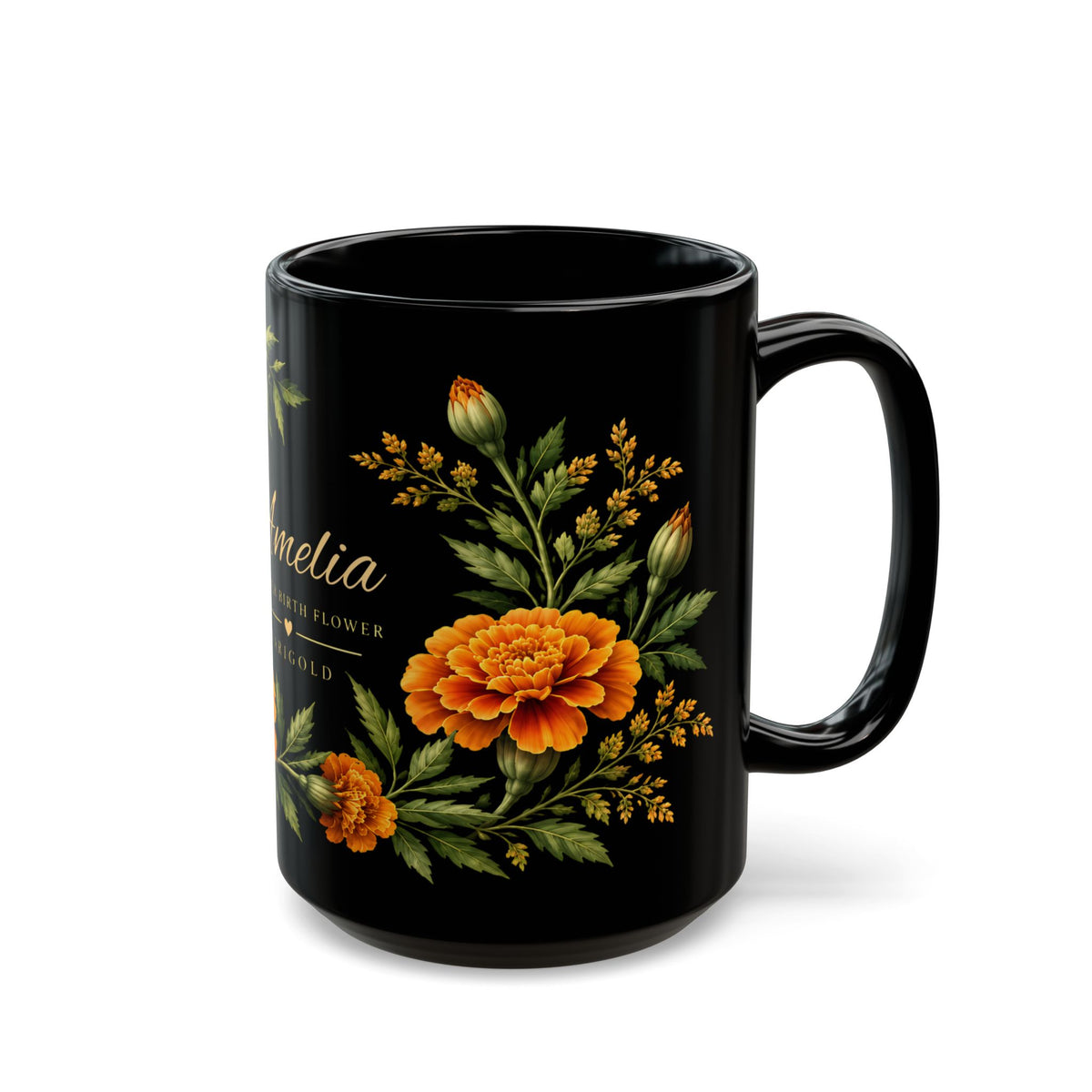 Personalized October Birth Flower Mug,  Marigold Black Coffee Cup, Custom Name 11oz/15oz - 14976