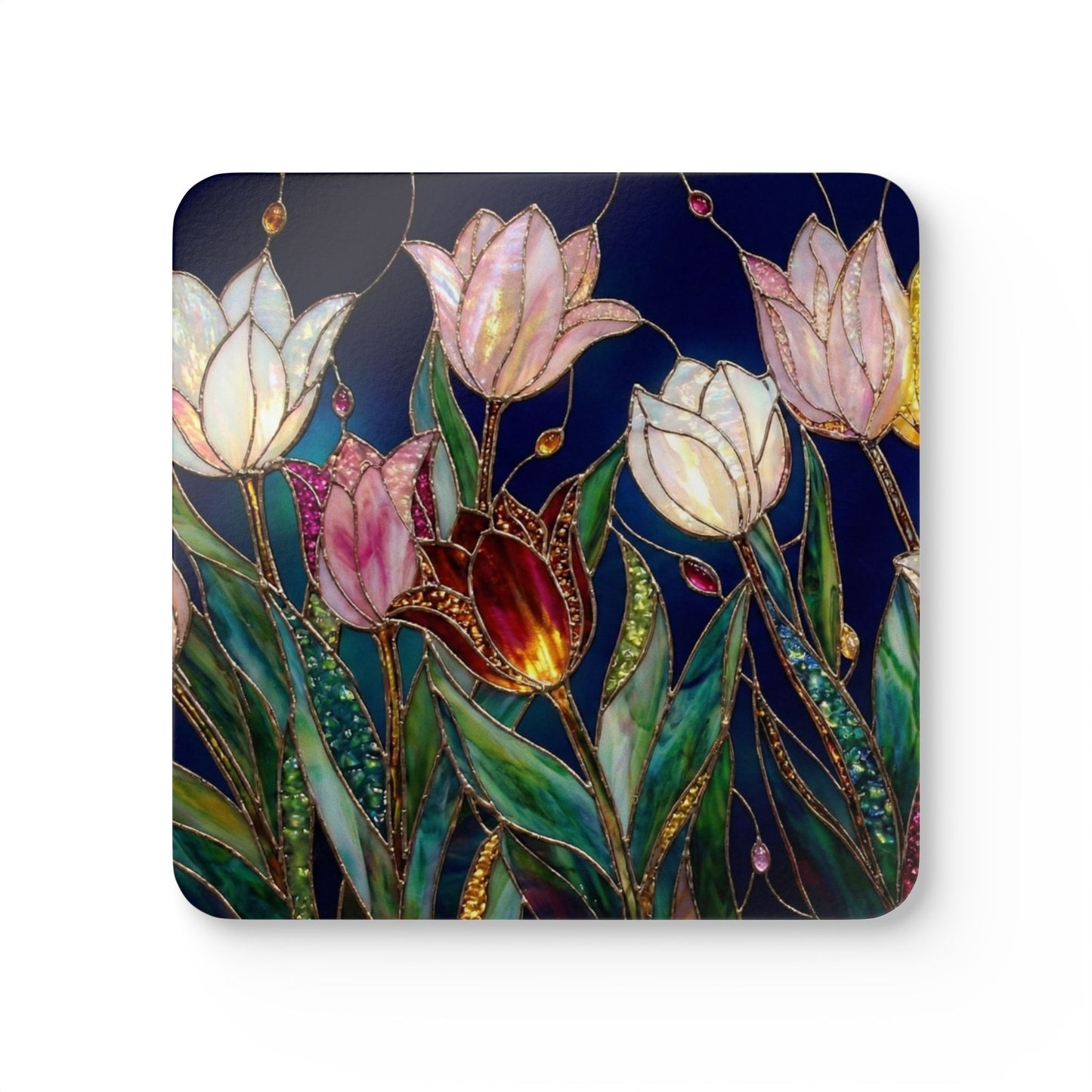 Floral Stained-Glass Tulip Cork Coaster Set — 4-Pack Decorative Drink Coasters - 14593