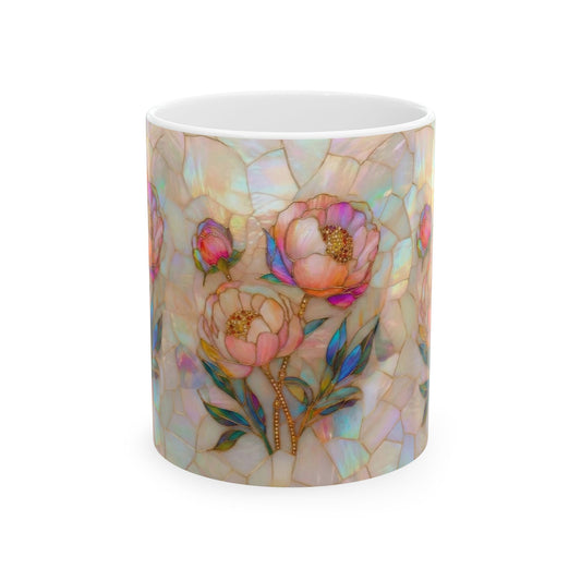 Floral Mosaic Ceramic Mug — Iridescent Peony Stained-Glass Design (11oz & 15oz) - 14518