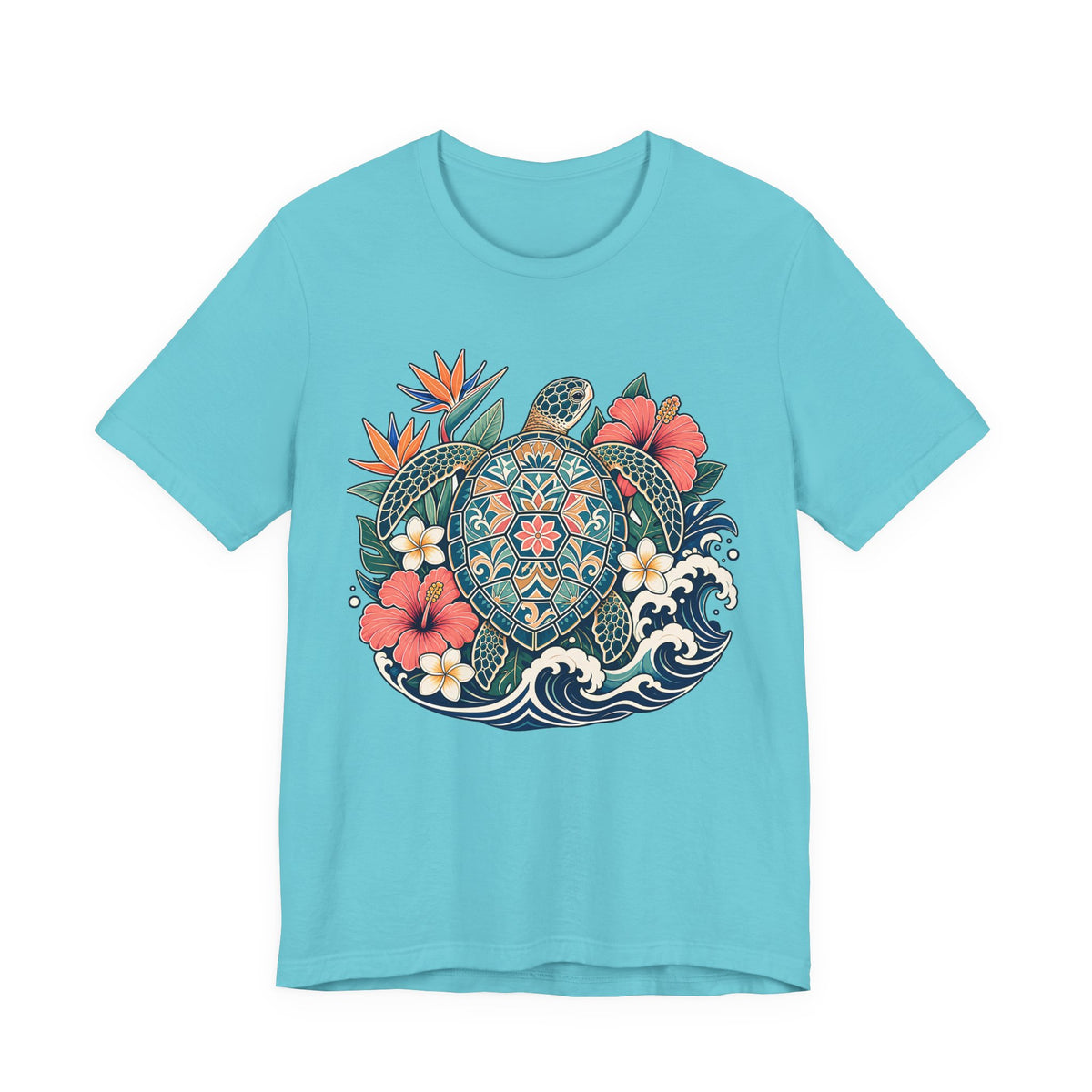 Sea Turtle Floral T-Shirt, Hawaiian Turtle Graphic Tee - 14973