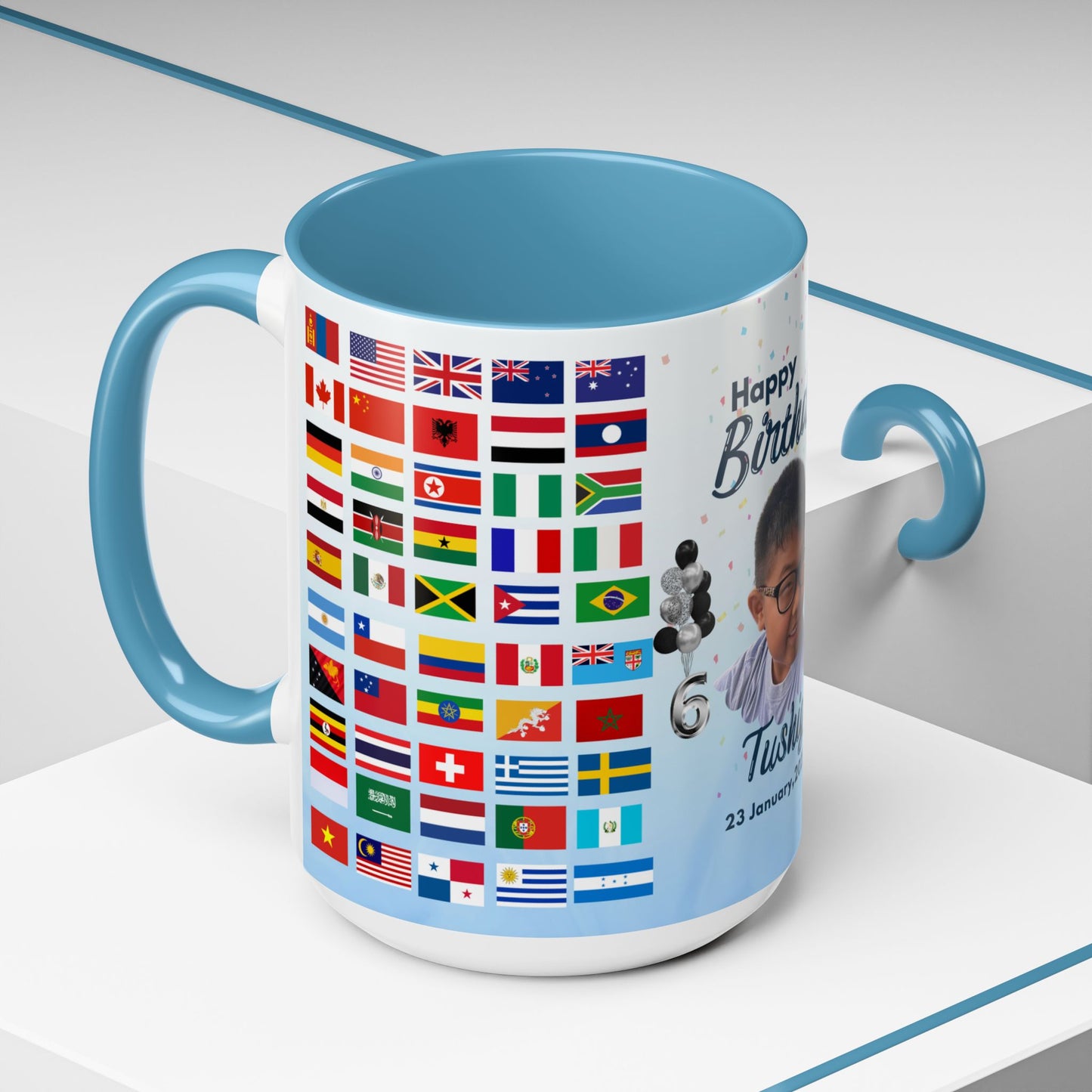 Kids, Happy Birthday, World Flag Fan, Details Customizable - Accent Coffee Mug (11, 15oz) - 11232
