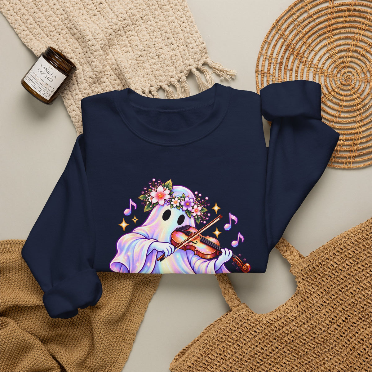 Ghost Violin Sweatshirt — Cute Floral Music Lover Crewneck - 14527