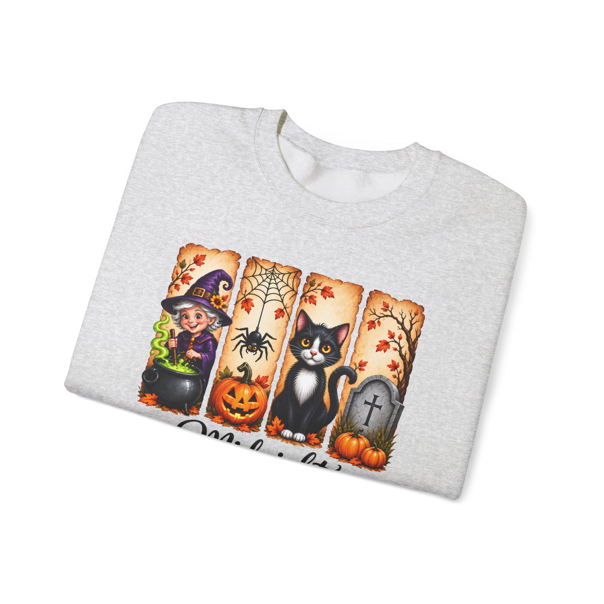 Midnight Harvest Halloween Sweatshirt, Witch, Black Cat, Pumpkins & Spooky Fall Crewneck - 14514