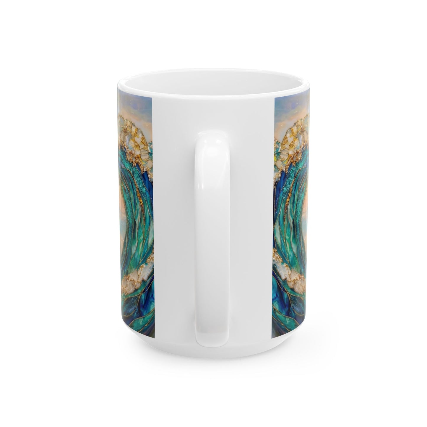 Ocean Wave Ceramic Mug — Teal & Gold Coastal Art Coffee Cup (11oz, 15oz) - 14522