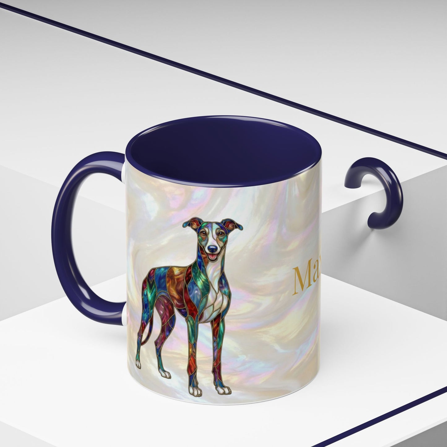 Personalized Greyhound Coffee Mug – Stained Glass Dog Accent Mug (Name Customizable)  - 14523
