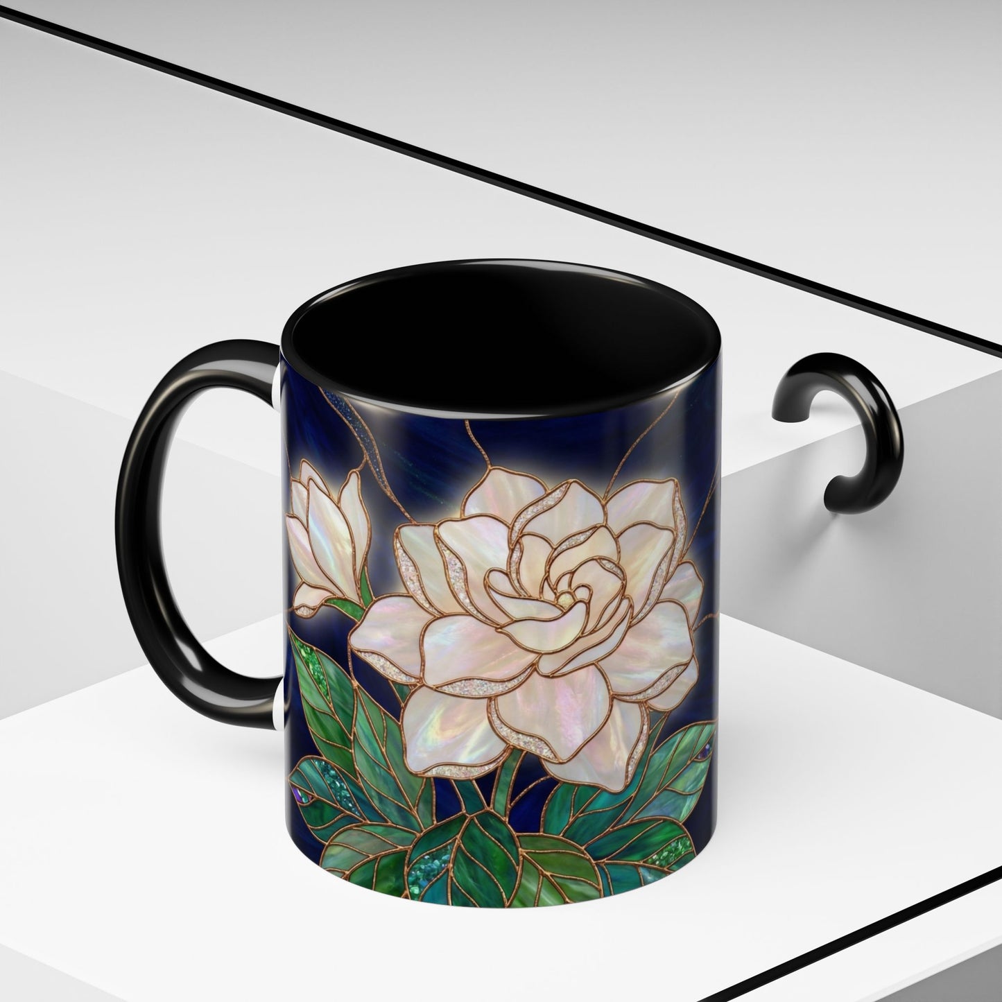 Gardenia Floral Accent Coffee Mug  - Stained-Glass Design (11/15oz) - 14567