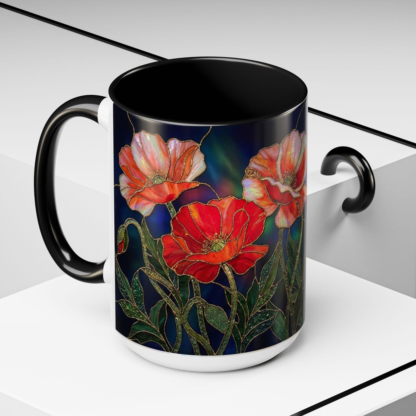 Poppy Floral Accent Coffee Mug — Stained Glass Design 11/15oz - 14582
