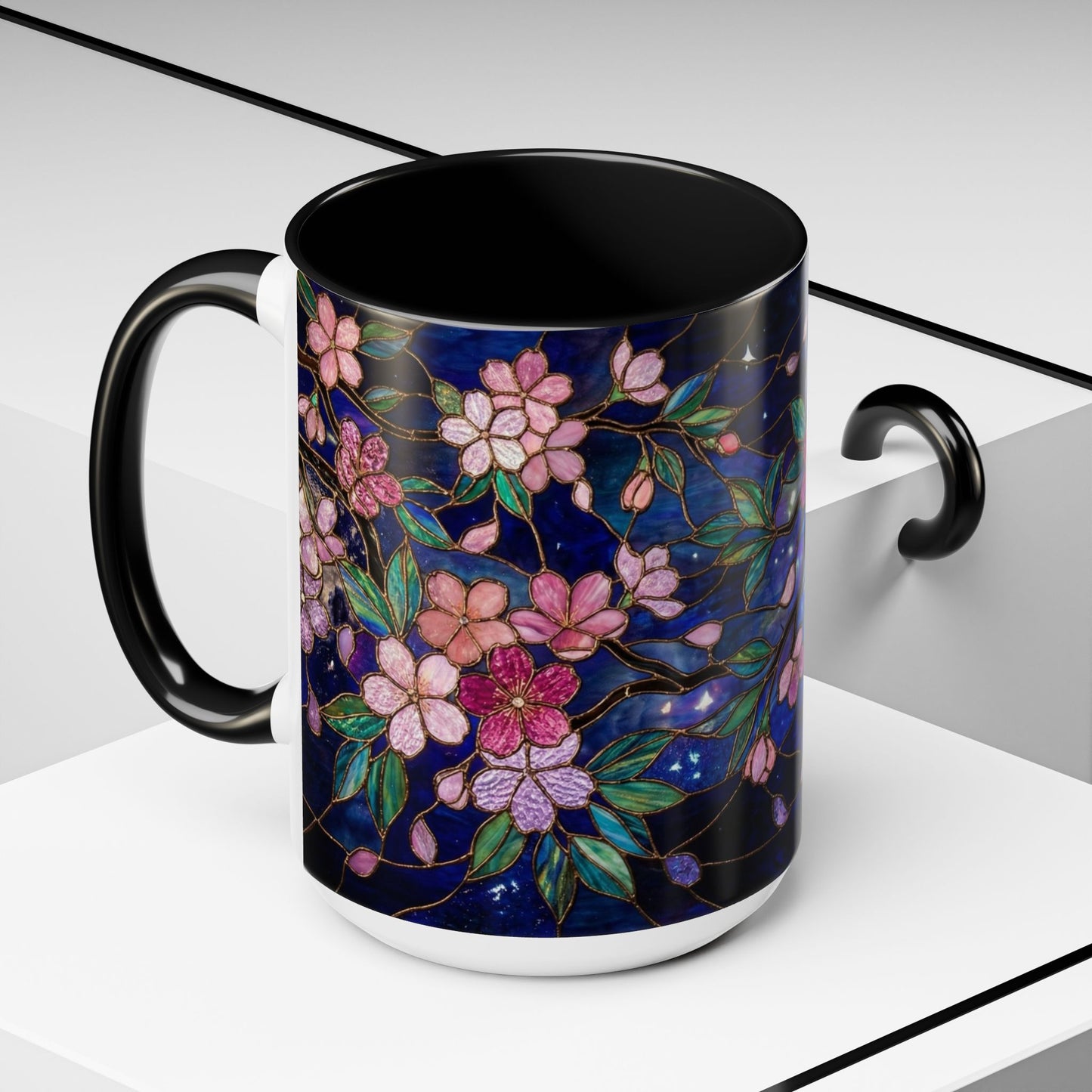 Cherry Blossom Lantern Coffee Mug — Floral Night Sky, Stained Glass Design (11/15 oz) - 14533