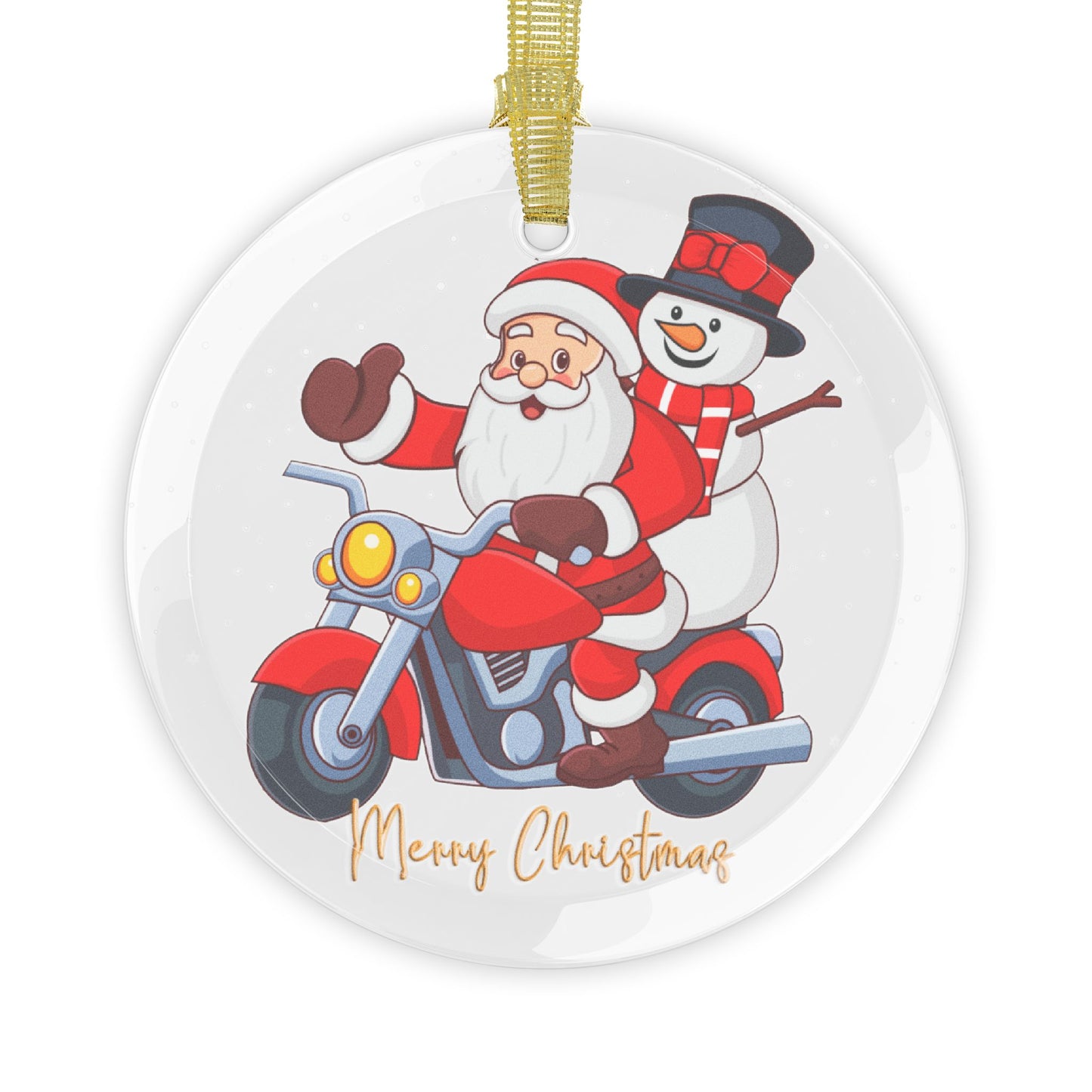 Santa & Snowman, Riding A Motorcycle - Glass Ornaments - 10424