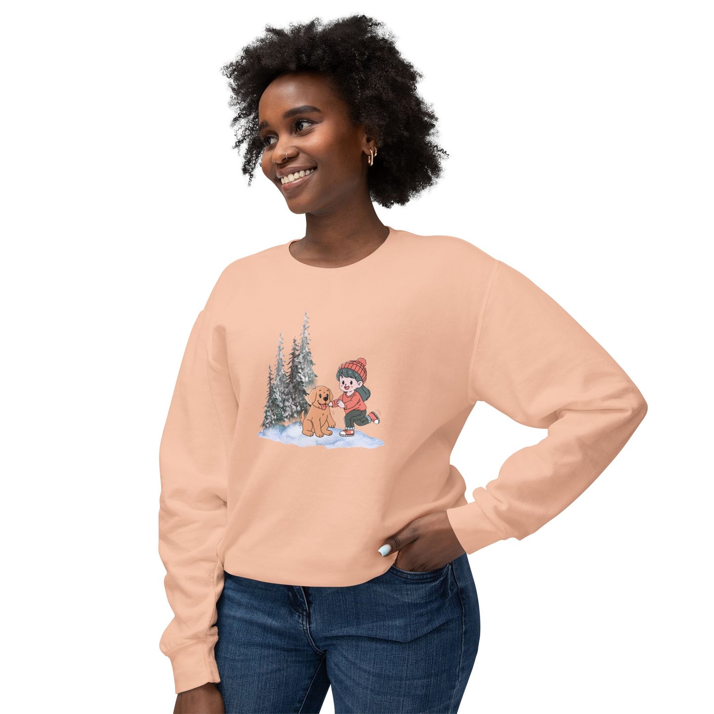 Winter Trees, Girl & Doggy - Unisex Lightweight Crewneck Sweatshirt - 10262