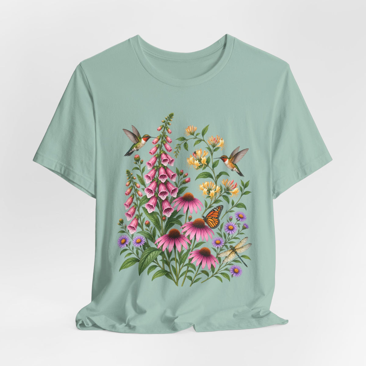 Floral Hummingbird Garden T-Shirt, Wildflower & Butterfly Botanical Tee - 14547