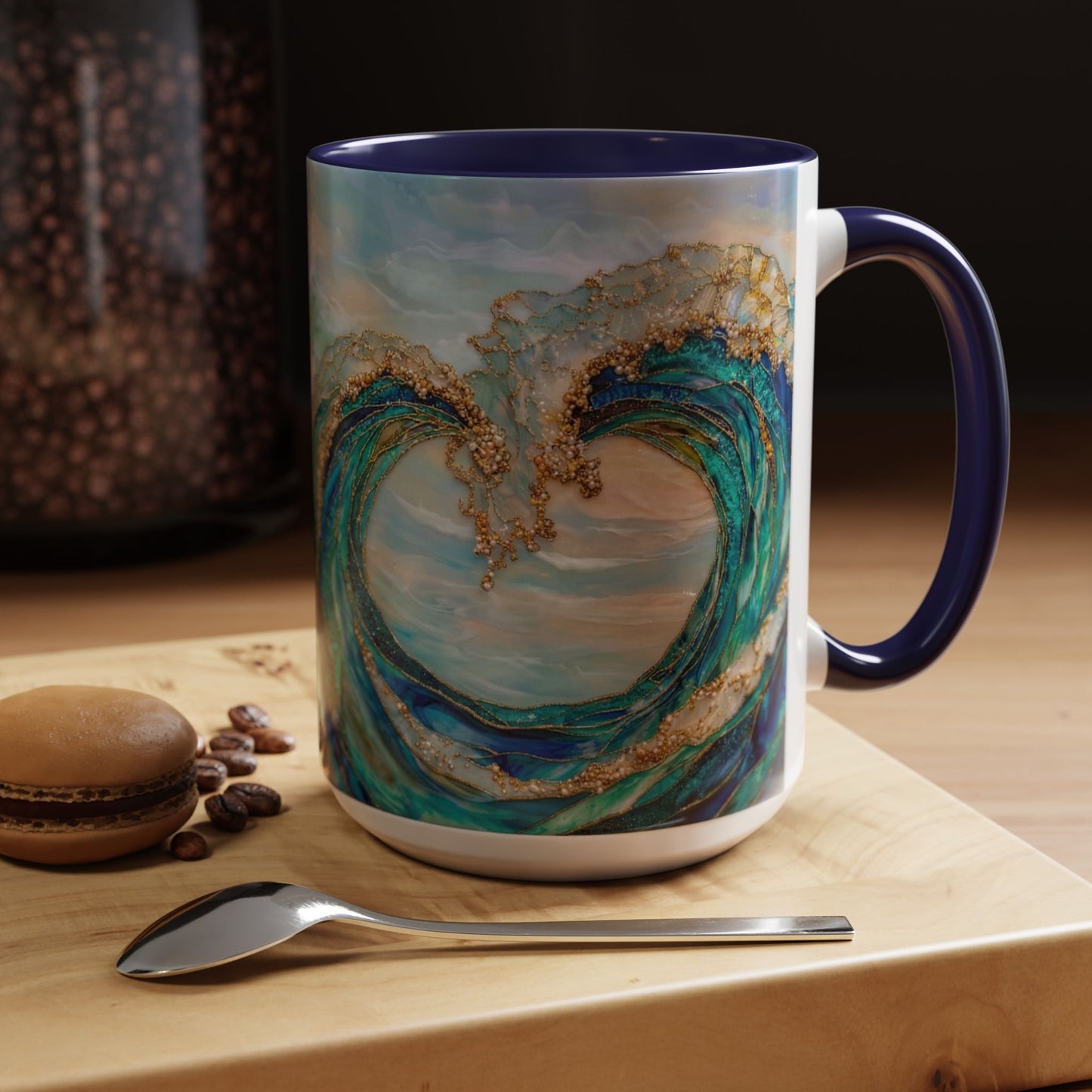 Ocean Heart Wave Coffee Mug — Teal Blue Accent Beachy Ceramic Mug (11/15oz) - 14521