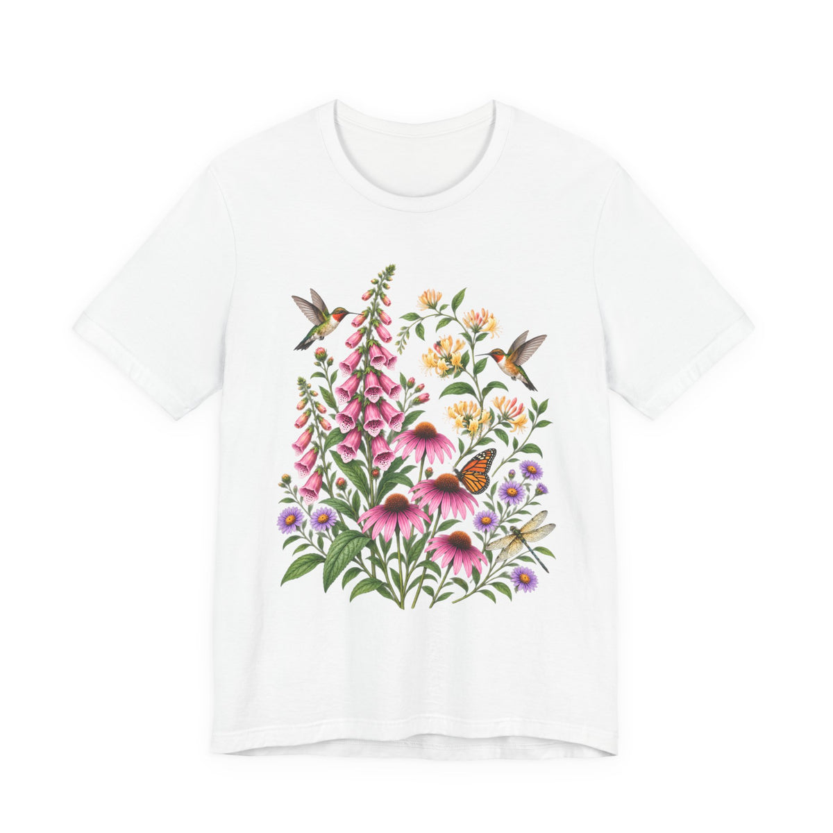 Floral Hummingbird Garden T-Shirt, Wildflower & Butterfly Botanical Tee - 14547