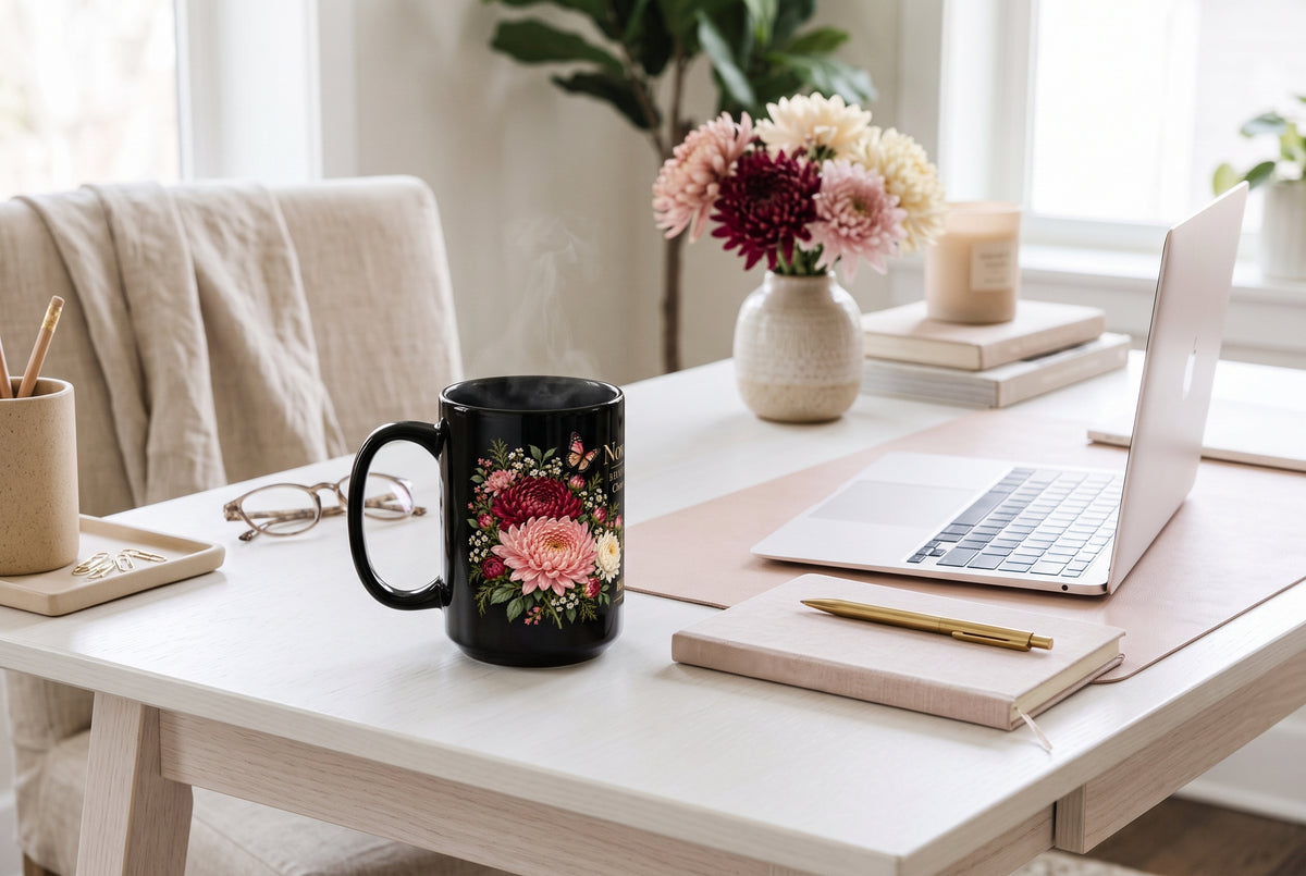 November Chrysanthemum Birth Flower Mug, Personalized Black Floral Mug - 14546