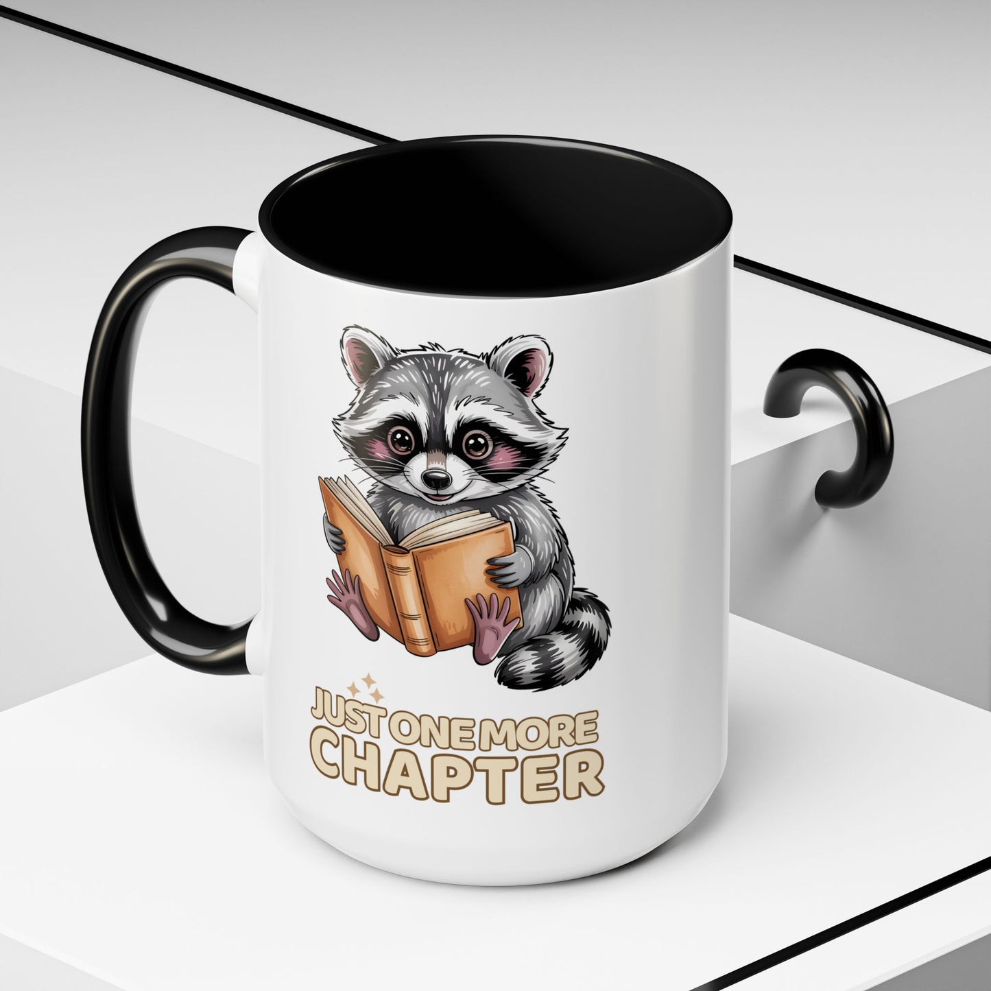 Just One More Chapter Mug – Raccoon Reading Coffee Mug, Book Lover Gift for Teacher or Librarian (11oz / 15oz)- 14792