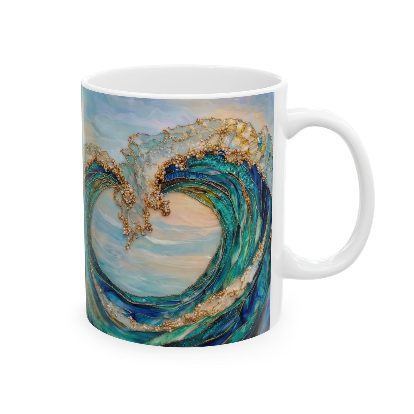 Ocean Wave Ceramic Mug — Teal & Gold Coastal Art Coffee Cup (11oz, 15oz) - 14522