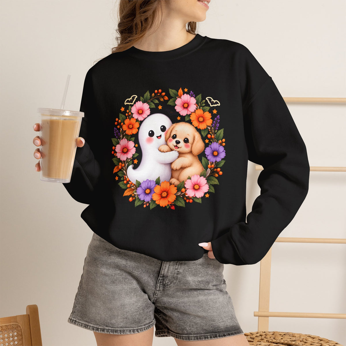 Cute Ghost & Puppy Halloween Sweatshirt,  Floral Crewneck - 14515