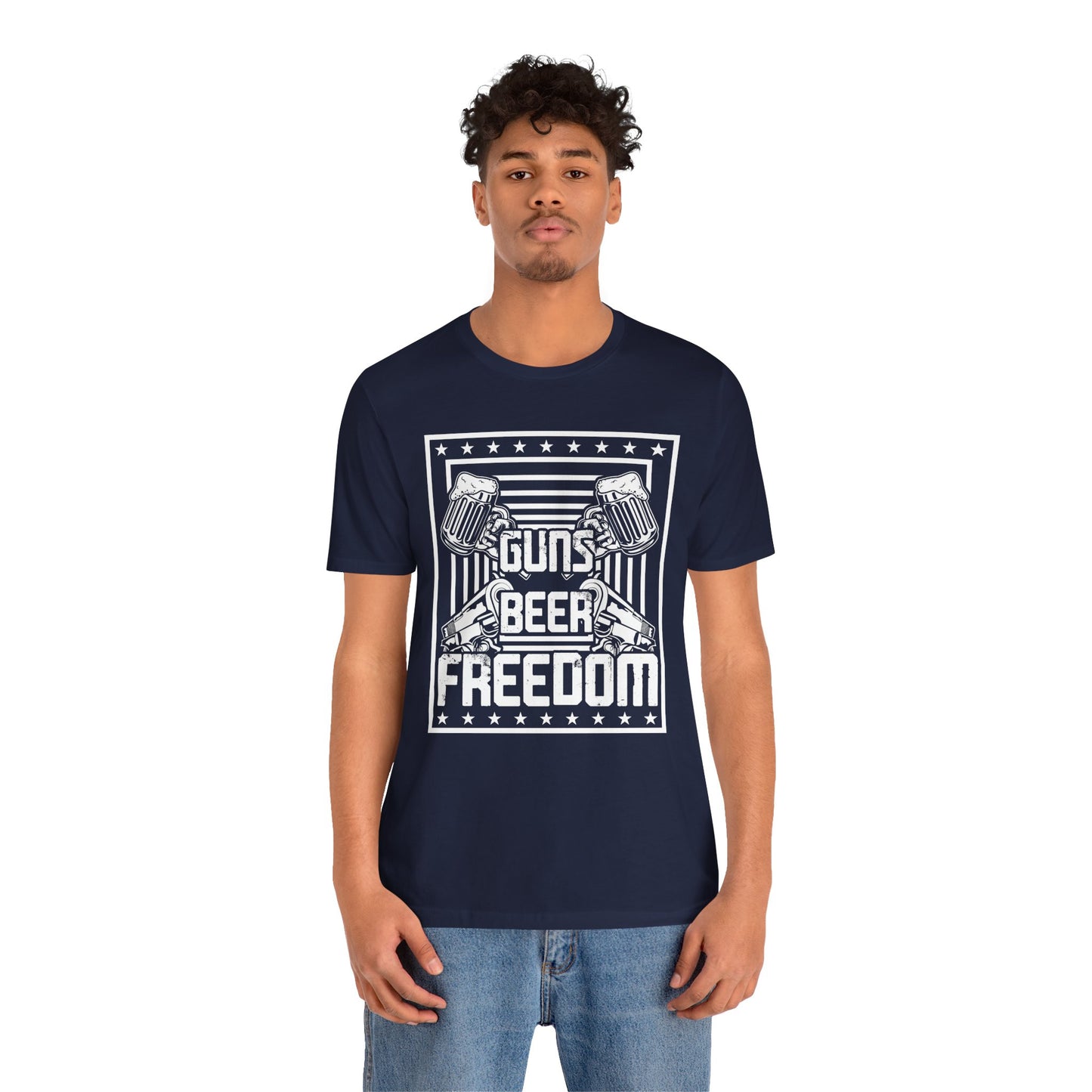4th of July, Guns Beer Freedom Unisex Tee, Casual Shirt, Patriotic Apparel, Gift for Him, Party Tee, Everyday Wear - 13598
