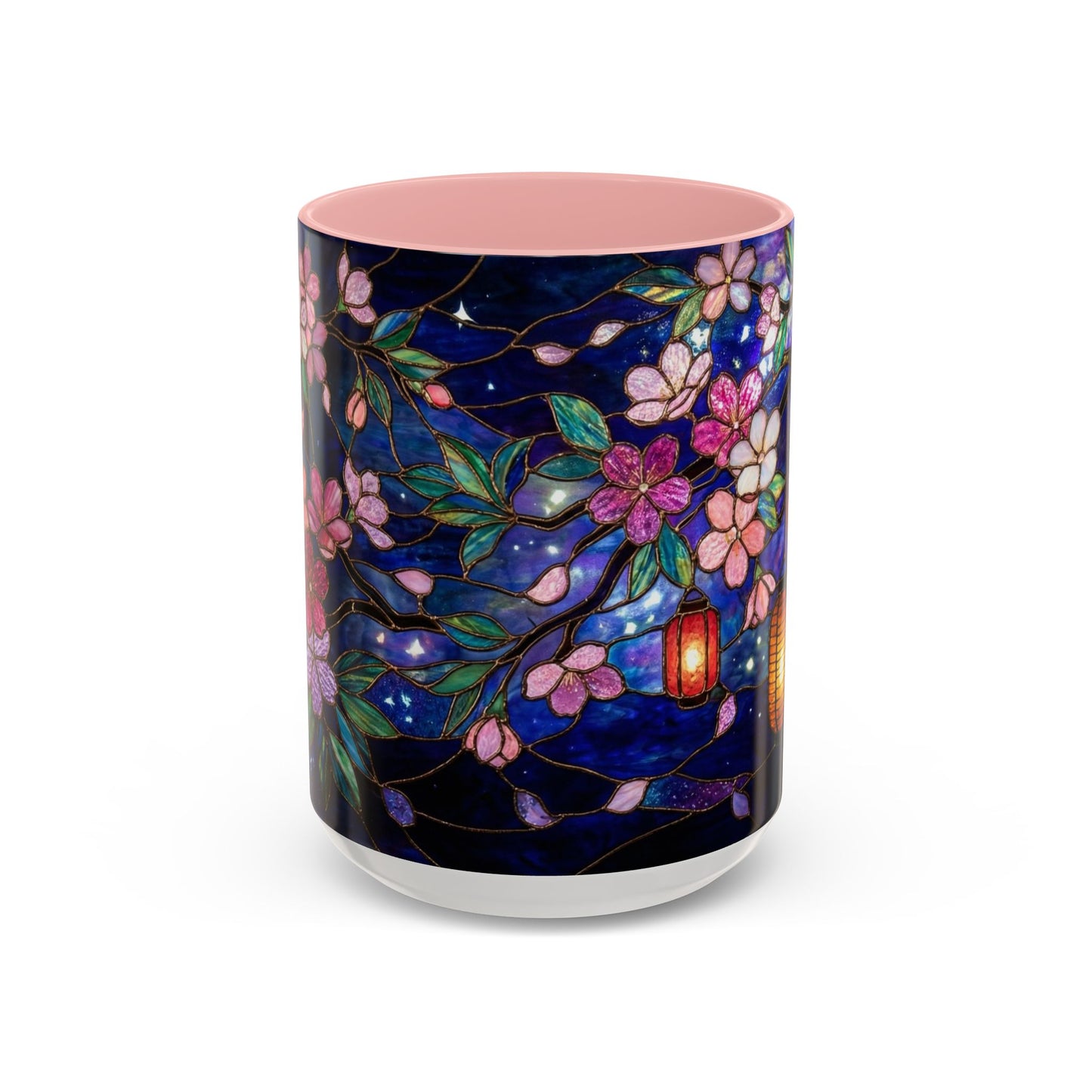 Cherry Blossom Lantern Coffee Mug — Floral Night Sky, Stained Glass Design (11/15 oz) - 14533