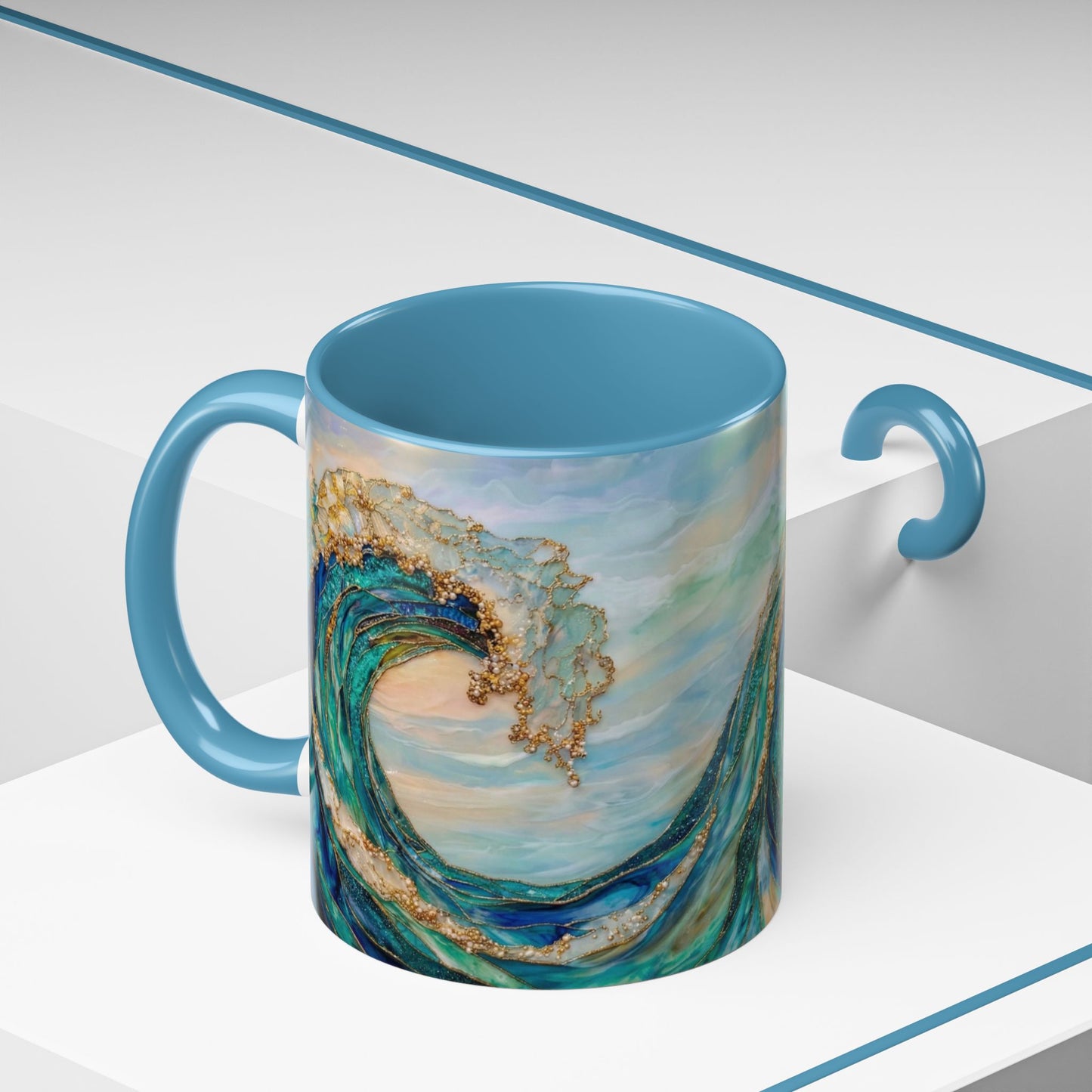 Ocean Heart Wave Coffee Mug — Teal Blue Accent Beachy Ceramic Mug (11/15oz) - 14521