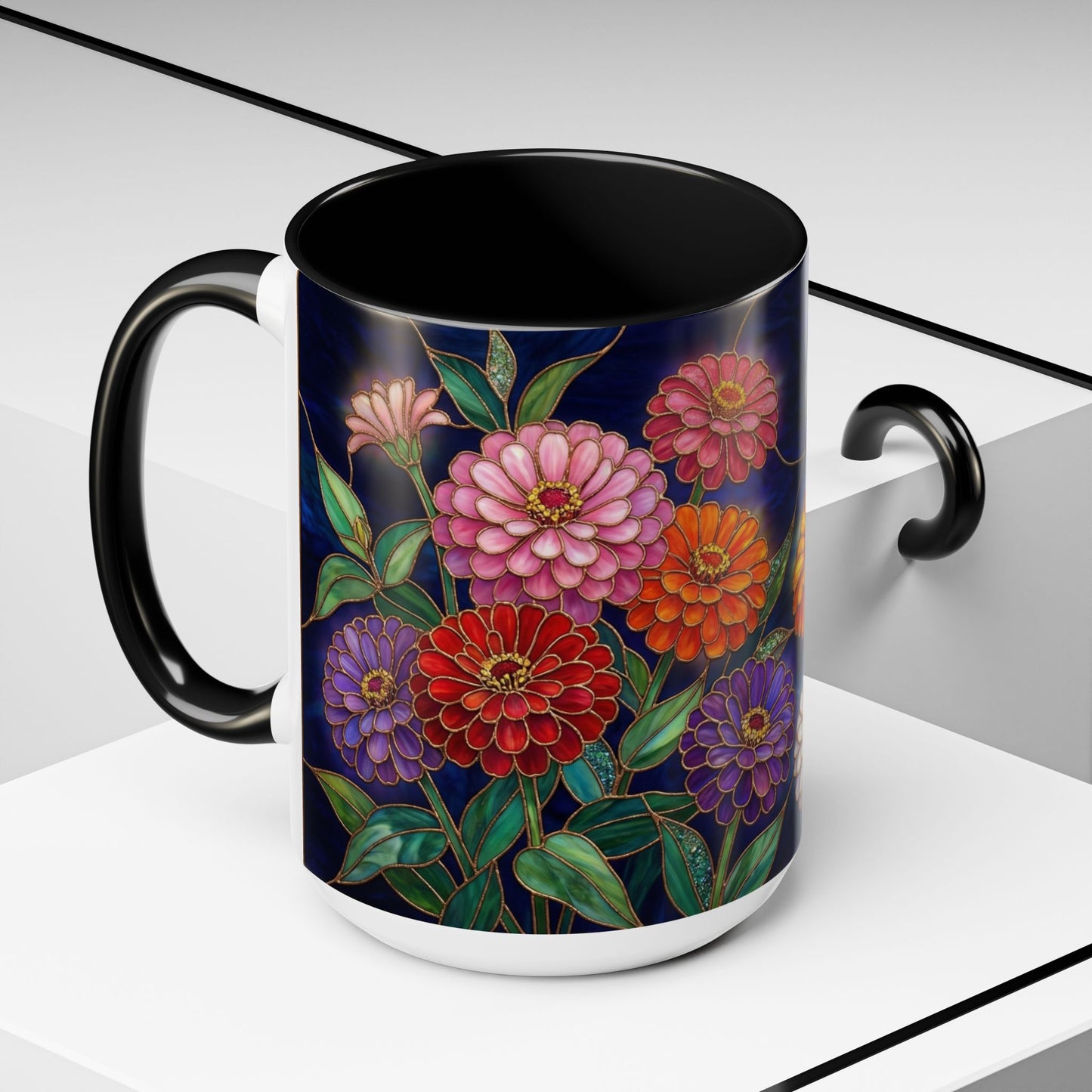 Zinnias Floral Accent Coffee Mug — Stained Glass Design 11/15oz - 14591