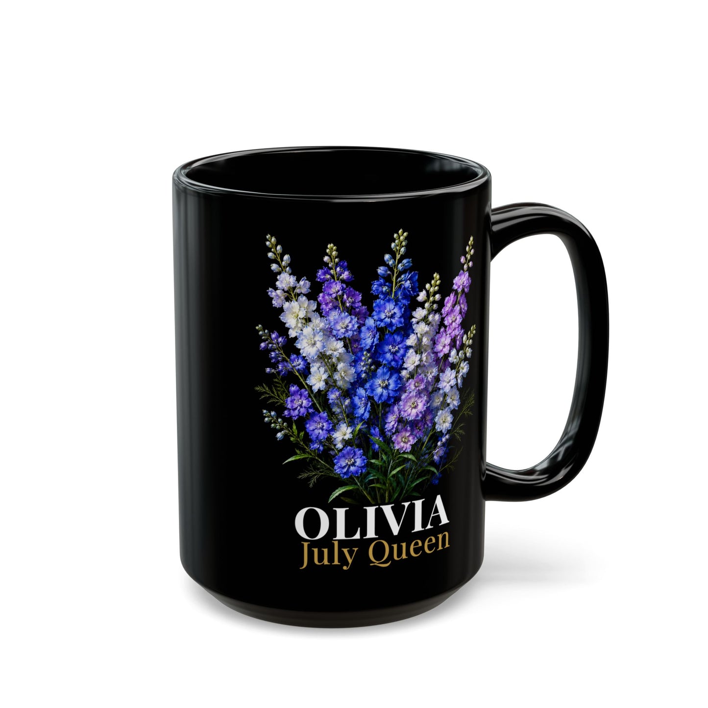 Personalized July Birth Flower Mug – Custom Name Larkspur Floral Coffee Cup, July Queen Gift for Her, Black Mug 11oz 15oz - 14907